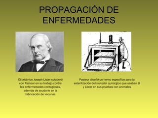 PROPAGACIÓN DE
ENFERMEDADES

El británico Joseph Lister colaboró
con Pasteur en su trabajo contra
las enfermedades contagiosas,
además de ayudarle en la
fabricación de vacunas

Pasteur diseñó un horno específico para la
esterilización del material quirúrgico que usaban él
y Lister en sus pruebas con animales

 