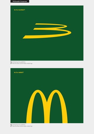 McDonald’s Corporate
Introducing new guidelines
Press Ad, store, social media, mobile App
Introducing new guidelines
Press Ad, store, social media, mobile App
 
