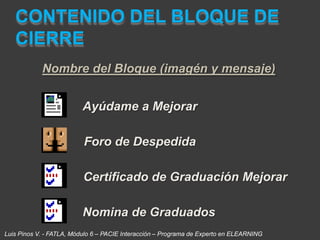 CONTENIDO DEL BLOQUE DE CIERRENombre del Bloque (imagén y mensaje)Ayúdame a MejorarForo de DespedidaCertificado de Graduación MejorarNomina de GraduadosLuis Pinos V. - FATLA, Módulo 6 – PACIE Interacción – Programa de Experto en ELEARNING