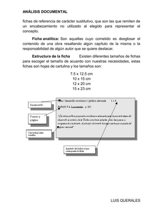 ANÁLISIS DOCUMENTAL
fichas de referencia de carácter sustitutivo, que son las que remiten de
un encabezamiento no utilizado al elegido para representar el
concepto.
Ficha analítica: Son aquellas cuyo cometido es desglosar el
contenido de una obra resaltando algún capítulo de la misma o la
responsabilidad de algún autor que se quiere destacar.
Estructura de la ficha Existen diferentes tamaños de fichas
para escoger el tamaño de acuerdo con nuestras necesidades, estas
fichas son hojas de cartulina y los tamaños son:
7.5 x 12.5 cm
10 x 15 cm
12 x 20 cm
15 x 23 cm
LUIS QUERALES
 