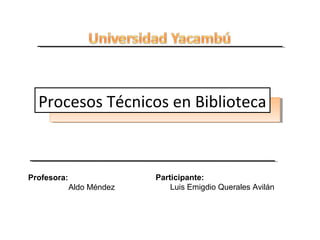 Procesos Técnicos en Biblioteca

Profesora:
Aldo Méndez

Participante:
Luis Emigdio Querales Avilán

 