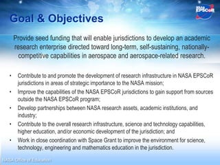 Goal & Objectives
       Provide seed funding that will enable jurisdictions to develop an academic
       research enterprise directed toward long-term, self-sustaining, nationally-
         competitive capabilities in aerospace and aerospace-related research.

   •    Contribute to and promote the development of research infrastructure in NASA EPSCoR
        jurisdictions in areas of strategic importance to the NASA mission;
   •    Improve the capabilities of the NASA EPSCoR jurisdictions to gain support from sources
        outside the NASA EPSCoR program;
   •    Develop partnerships between NASA research assets, academic institutions, and
        industry;
   •    Contribute to the overall research infrastructure, science and technology capabilities,
        higher education, and/or economic development of the jurisdiction; and
   •    Work in close coordination with Space Grant to improve the environment for science,
        technology, engineering and mathematics education in the jurisdiction.
NASA Office of Education
 