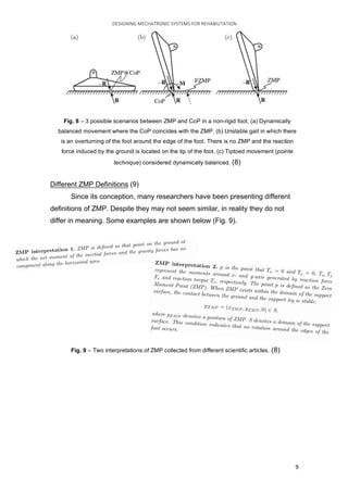 DESIGNING	MECHATRONIC	SYSTEMS	FOR	REHABILITATION	
	 9	
Different ZMP Definitions (9)
Since its conception, many researchers have been presenting different
definitions of ZMP. Despite they may not seem similar, in reality they do not
differ in meaning. Some examples are shown below (Fig. 9).
Fig. 9 – Two interpretations of ZMP collected from different scientific articles. (8)
Fig. 8 – 3 possible scenarios between ZMP and CoP in a non-rigid foot. (a) Dynamically
balanced movement where the CoP coincides with the ZMP. (b) Unstable gait in which there
is an overturning of the foot around the edge of the foot. There is no ZMP and the reaction
force induced by the ground is located on the tip of the foot. (c) Tiptoed movement (pointe
technique) considered dynamically balanced. (8)
 