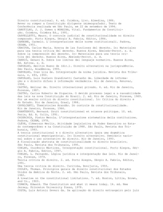 Direito constitucional. 4. ed. Coimbra, Livr. Almedina, 1986.
Rever ou romper a Constituição dirigente (mimeografado). Texto de
Conferência realizada em São Paulo, em 22 de setembro de 1994.
CANOTILHO, J. J. Gomes & MOREIRA, Vital. Fundamentos da Constitui-
ção. Coimbra, Coimbra Ed., 1991.
CAPPELLETTI, Mauro. O controle judicial de constitucionalidade no direito
comparado. Porto Alegre, Sérgio A. Fabris, Editor, 1984.
CARBONE, Carmelo. L´interpretazione delle norme costituzionali. Padova,
CEDAM, 1951.
CÁRCOVA, Carlos María. Acerca de las funciones del derecho. In: Materiales
para una teoría crítica del derecho. Buenos Aires, Abeledo-Perrot. s. d.
Sobre la comprensión del derecho. In: Materiales para una teoría cri-
tica del derecho. Buenos Aires, Abeledo-Perrot. s. d.
CARRIÓ, Genaro R. Sobre los límites del lenguaje normativo. Buenos Aires,
Ed. Astrea. s. d.
CARVALHO, Amilton Bueno de (dir.). Direito alternativo na jurisprudência.
São Paulo, Acadêmica, 1993.
CARVALHO, Ivan Lira de. Interpretação da norma jurídica. Revista dos Tribu-
nais, v. 693, 1993.
CARVALHO, Luis Gustavo Grandinetti Castanho de. Liberdade de informa-
ção e o direito difuso à informação verdadeira. Rio de Janeiro, Renovar,
1994.
CASTRO, Amilcar de. Direito internacional privado. 4. ed. Rio de Janeiro,
Forense, 1987.
CASTRO, Carlos Roberto de Siqueira. O devido processo legal e a razoabilidade
das leis na nova Constituição do Brasil. 2. ed. Rio de Janeiro, Forense, 1989.
Por um ensino crítico do direito constitucional. In: Crítica do direito e
do Estado. Rio de Janeiro, Graal, 1984.
CAVALCANTI, Themístocles Brandão. Do controle da constitucionalidade.
Rio de Janeiro, Forense, 1966.
CHANTEBOUT, Bernard. Droit constitutionnel et science politique. 10. ed.
Paris, Ed. A. Colin, 1991.
CHIERCHIA, Pietro Merola. L’interpretazione sistematica della costituzione.
Padova, CEDAM, 1978.
CLÈVE, Clèmerson Merlin. Atividade legislativa do Poder Executivo no Esta-
do contemporâneo e na Constituição de 1988. São Paulo, Revista dos Tri-
bunais, 1993.
A teoria constitucional e o direito alternativo (para uma dogmática
constitucional emancipatória). In: Direito alternativo. Seminário nacio-
nal sobre o uso alternativo do direito. Rio de Janeiro, 1993.
A fiscalização abstrata de constitucionalidade no direito brasileiro.
São Paulo, Revista dos Tribunais, 1995.
COELHO, Inocêncio Mártires. Interpretação constitucional. Porto Alegre, Sér-
gio A. Fabris, Editor, 1997.
COELHO, L. Fernando. Lógica jurídica e interpretação das leis. Rio de Janei-
ro, Forense, 1979.
Teoria crítica do direito. 2. ed. Porto Alegre, Sérgio A. Fabris, Editor,
1991.
Uma teoria crítica do direito. Curitiba, Bonijuris, 1993.
COOLEY, Thomas. Princípios gerais de direito constitucional dos Estados
Unidos da América do Norte. 2. ed. São Paulo, Revista dos Tribunais,
1982.
A treatise on the constitutional limitations. 7. ed. Boston, Little, Brown,
and Co., 1903.
CORWIN, Edward. The Constitution and what it means today. 14. ed. New
Jersey, Princeton University Press, 1978.
COSTA, Luis Antonio Severo da. Da aplicação do direito estrangeiro pelo juiz
 
