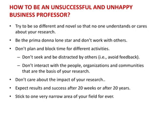 HOW TO BE AN UNSUCCESSFUL AND UNHAPPY
BUSINESS PROFESSOR?
• Try to be so different and novel so that no one understands or cares
about your research.
• Be the prima donna lone star and don’t work with others.
• Don’t plan and block time for different activities.
– Don’t seek and be distracted by others (i.e., avoid feedback).
– Don’t interact with the people, organizations and communities
that are the basis of your research.
• Don’t care about the impact of your research..
• Expect results and success after 20 weeks or after 20 years.
• Stick to one very narrow area of your field for ever.
 