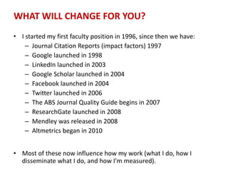 WHAT WILL CHANGE FOR YOU?
• I started my first faculty position in 1996, since then we have:
– Journal Citation Reports (impact factors) 1997
– Google launched in 1998
– LinkedIn launched in 2003
– Google Scholar launched in 2004
– Facebook launched in 2004
– Twitter launched in 2006
– The ABS Journal Quality Guide begins in 2007
– ResearchGate launched in 2008
– Mendley was released in 2008
– Altmetrics began in 2010
• Most of these now influence how my work (what I do, how I
disseminate what I do, and how I’m measured).
 