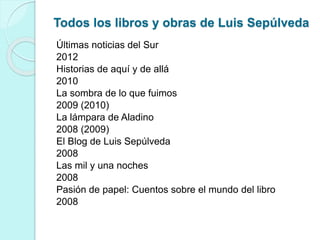 Todos los libros y obras de Luis Sepúlveda
Últimas noticias del Sur
2012
Historias de aquí y de allá
2010
La sombra de lo que fuimos
2009 (2010)
La lámpara de Aladino
2008 (2009)
El Blog de Luis Sepúlveda
2008
Las mil y una noches
2008
Pasión de papel: Cuentos sobre el mundo del libro
2008
 