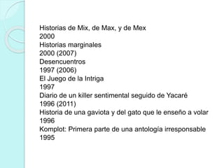 Historias de Mix, de Max, y de Mex
2000
Historias marginales
2000 (2007)
Desencuentros
1997 (2006)
El Juego de la Intriga
1997
Diario de un killer sentimental seguido de Yacaré
1996 (2011)
Historia de una gaviota y del gato que le enseño a volar
1996
Komplot: Primera parte de una antología irresponsable
1995
 