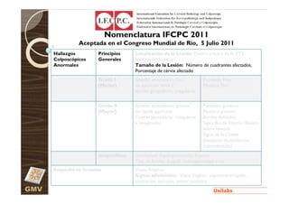 Nomenclatura IFCPC 2011
                Aceptada en el Congreso Mundial de Río, 5 Julio 2011
      Hallazgos         Principios      Localización de la Lesión: Dentro o fuera de la ZTT,
      Colposcópicos     Generales       localización horaria
      Anormales                         Tamaño de la Lesión: Número de cuadrantes afectados,
                                        Porcentaje de cérvix afectado
                        Grado I         Epitelio acetoblanco fino,         Punteado Fino
                        (Menor)         de aparición lenta y               Mosaico Fino
                                        bordes geográficos, irregulares


                        Grado II        Epitelio acetoblanco grueso,       Punteado grosero
                        (Mayor)         de rápida aparición                Mosaico grosero
                                        Criptas glandulares irregulares    Bordes definidos
                                        e invaginadas                      Signo Borde Interno (Blanco
                                                                           sobre blanco)
                                                                           Signo de la Cresta
                                                                           (Imágenes Acetoblancas
                                                                           Sobreelevadas)
                        Inespecíficos   Leucoplasia (hiperqueratosis), Erosión
                                        Test de Schiller (Lugol): Iodonegatividad o no
      Sospecha de Invasión              Vasos Atípicos
                                        Signos adicionales: Vasos frágiles, superficie irregular,
                                        ulceración, necrosis, tumor exofítico
GMV
 