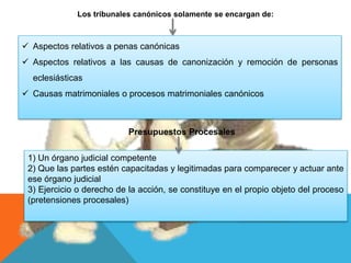 Los tribunales canónicos solamente se encargan de:
 Aspectos relativos a penas canónicas
 Aspectos relativos a las causas de canonización y remoción de personas
eclesiásticas
 Causas matrimoniales o procesos matrimoniales canónicos
Presupuestos Procesales
1) Un órgano judicial competente
2) Que las partes estén capacitadas y legitimadas para comparecer y actuar ante
ese órgano judicial
3) Ejercicio o derecho de la acción, se constituye en el propio objeto del proceso
(pretensiones procesales)
 