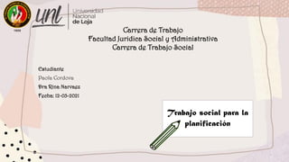 Carrera de Trabajo
Facultad Juridica Social y Administrativa
Carrera de Trabajo Social
Estudiante
Paola Cordova
Dra Rina Narvaez
Fecha: 12-03-2021
Trabajo social para la
planificación
 