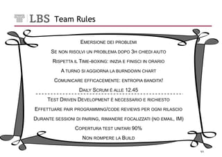 Team Rules

                    EMERSIONE DEI PROBLEMI
       SE NON RISOLVI UN PROBLEMA DOPO 3H CHIEDI AIUTO
        RISPETTA IL TIME-BOXING: INIZIA E FINISCI IN ORARIO
           A TURNO SI AGGIORNA LA BURNDOWN CHART
        COMUNICARE EFFICACEMENTE: ENTROPIA BANDITA!
                    DAILY SCRUM È ALLE 12.45
     TEST DRIVEN DEVELOPMENT È NECESSARIO E RICHIESTO
EFFETTUARE PAIR PROGRAMMING/CODE REVIEWS PER OGNI RILASCIO
DURANTE SESSIONI DI PAIRING, RIMANERE FOCALIZZATI (NO EMAIL, IM)
                  COPERTURA TEST UNITARI 90%
                     NON ROMPERE LA BUILD

                                                                   11
 
