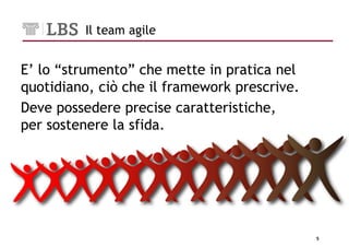 Il team agile


E’ lo “strumento” che mette in pratica nel
quotidiano, ciò che il framework prescrive.
Deve possedere precise caratteristiche,
per sostenere la sfida.




                                              5
 
