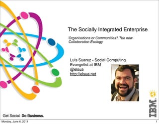 The Socially Integrated Enterprise
                       Organisations or Communities? The new
                       Collaboration Ecology




                       Luis Suarez - Social Computing
                       Evangelist at IBM
                       @elsua
                       http://elsua.net




Monday, June 6, 2011                                           1
 