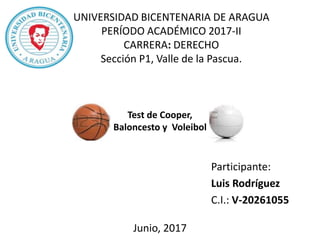 UNIVERSIDAD BICENTENARIA DE ARAGUA
PERÍODO ACADÉMICO 2017-II
CARRERA: DERECHO
Sección P1, Valle de la Pascua.
Participante:
Luis Rodríguez
C.I.: V-20261055
Test de Cooper,
Baloncesto y Voleibol
Junio, 2017
 