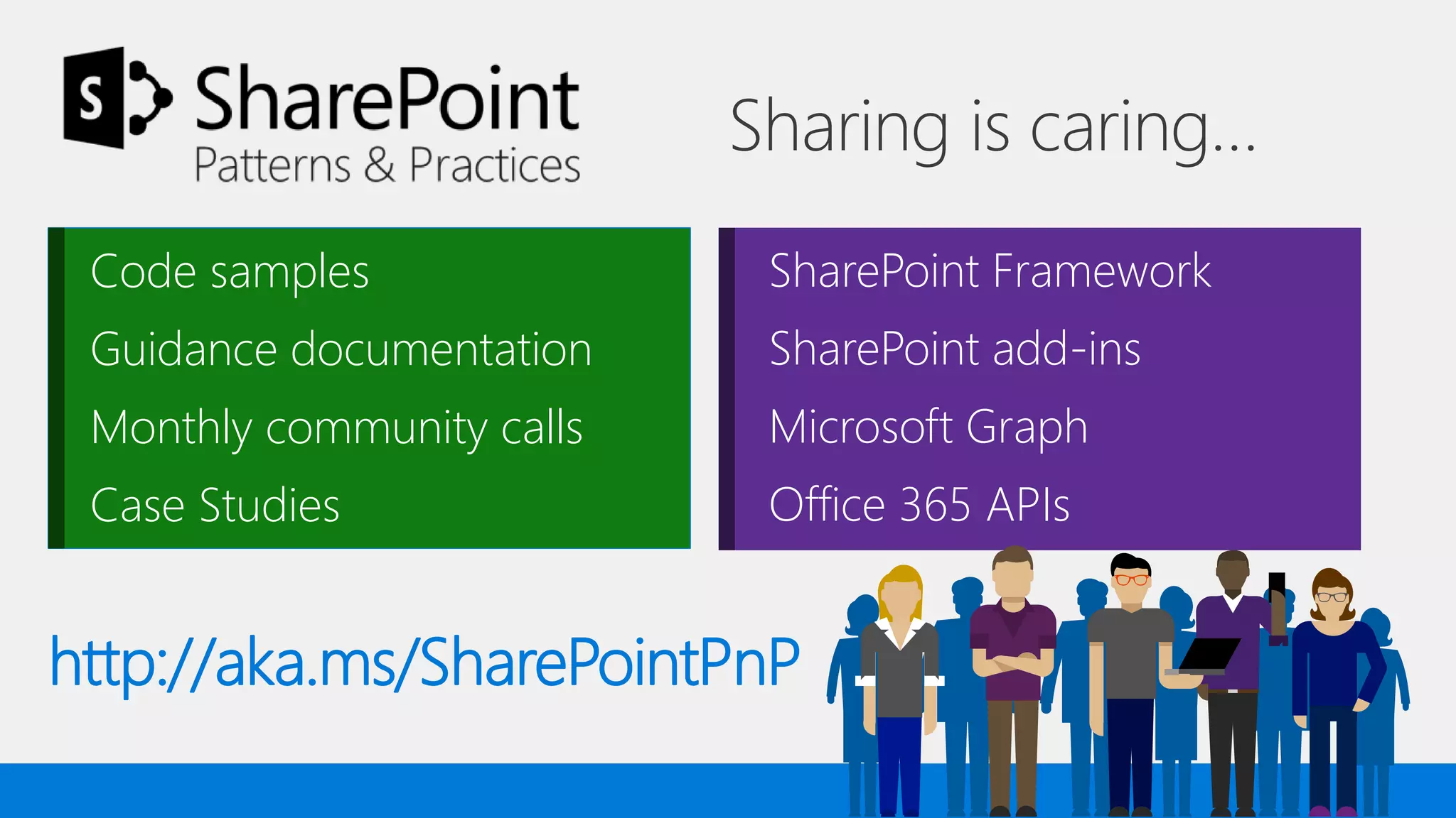 Code samples
Guidance documentation
Monthly community calls
Case Studies
SharePoint Framework
SharePoint add-ins
Microsoft Graph
Office 365 APIs
Sharing is caring…
http://aka.ms/SharePointPnP
 