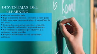 ● Nivel de retención bajo
Baja interacción docente - cursante y entre pares●
Sólo sirve para casos particulares ó específicos de●
una tarea
Contenidos no generan atención - retención●
No amigable ambiental ni ergonómicamente●
No orientado a aprender por objetivos y a●
establecer metas sencillas
Requiere habilidades para el aprendizaje●
autónomo
 