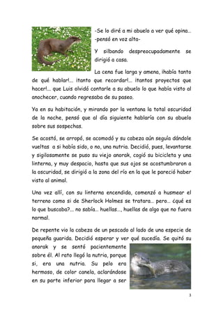 -Se lo diré a mi abuelo a ver qué opina…
                                 -pensó en voz alta-

                                 Y   silbando      despreocupadamente   se
                                 dirigió a casa.

                                 La cena fue larga y amena, ¡había tanto
de qué hablar!... ¡tanto que recordar!... ¡tantos proyectos que
hacer!... que Luis olvidó contarle a su abuelo lo que había visto al
anochecer, cuando regresaba de su paseo.

Ya en su habitación, y mirando por la ventana la total oscuridad
de la noche, pensó que al día siguiente hablaría con su abuelo
sobre sus sospechas.

Se acostó, se arropó, se acomodó y su cabeza aún seguía dándole
vueltas a si había sido, o no, una nutria. Decidió, pues, levantarse
y sigilosamente se puso su viejo anorak, cogió su bicicleta y una
linterna, y muy despacio, hasta que sus ojos se acostumbraron a
la oscuridad, se dirigió a la zona del río en la que le pareció haber
visto al animal.

Una vez allí, con su linterna encendida, comenzó a husmear el
terreno como si de Sherlock Holmes se tratara… pero… ¿qué es
lo que buscaba?... no sabía… huellas…, huellas de algo que no fuera
normal.

De repente vio la cabeza de un pescado al lado de una especie de
pequeña guarida. Decidió esperar y ver qué sucedía. Se quitó su
anorak      y    se   sentó     pacientemente
sobre él. Al rato llegó la nutria, porque
si,   era       una   nutria.   Su   pelo   era
hermoso, de color canela, aclarándose
en su parte inferior para llegar a ser

                                                                         3 
 
 