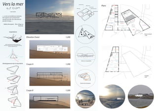 Luiza Santos
«...La mer est terriblement attirante.
Nos regards sont constamment
tournés vers elle. On a vite envie de
prendre le large...»
Bobby Kenuajuak - Mon village au
Nunavik.
Vers la mer VESTIBULE
HALL
EXPO PERMANENTE
EXPO TEMPORAIRE
EXPO STOCKAGE
EXPO PREPARATION
ESPACES ADMINISTRATIFS
SALLE DE SPECTACLE
VESTIAIRES
SALLE DE SON
60 m2
15 m2
130 m2
134 m2
60 m2
85 m2
30 m2
160 m2
38 m2
10 m2
BIBLIOTHÈQUE
ESPACE TECHNIQUE
120 m2
10 m2
65 m2
HALL
BOUTIQUE
CAFÉ
Rez-de-chausée
1:200
Plans
Élévation Ouest
Coupe A
Coupe B 1:200
1:200
1:200
STUDIO
GRAVURE
COUTURE
PEINTURE
ENREGISTREMENT
40 m2
60 m2
50 m2
40 m2
STUDIO
60 m2
60 m2
1er étage
1:200
Parcours du quotidien
Développement de la volumétrie
Inspirations
Tel les rivières dans les bassins versants, qui
cherchent à joindre l’océan, le peuple de Puvirnituq
cherche à rejoindre la mer.
Connexion
Direction
Séparation
Ouverture
Public Area
Production Area
Technical Area
Diffusion Area
Residential Area
Administration Area
A
A
Parcours du renouveau
 