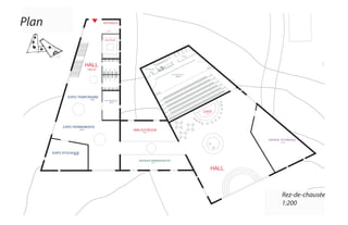VESTIBULE
HALL
EXPO PERMANENTE
EXPO TEMPORAIRE
EXPO STOCKAGE
EXPO PREPARATION
ESPACES ADMINISTRATIFS
SALLE DE SPECTACLE
VESTIAIRES
SALLE DE SON
60 m2
15 m2
130 m2
134 m2
60 m2
85 m2
30 m2
160 m2
38 m2
10 m2
BIBLIOTHÈQUE
ESPACE TECHNIQUE
120 m2
10 m2
65 m2
HALL
BOUTIQUE
CAFÉ
Rez-de-chausée
1:200
Plan
 