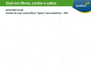 Sisal em fibras, cordas e cabos
NCM 5607.21.00
Cordéis de sisal, outras fibras “agave” para atadeiras – 95%
 