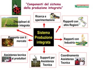 12 
Sistema 
Produzione 
integrata 
“Componenti del sistema 
della produzione integrata” 
Ricerca e 
sperimentazione 
Rapporti con 
altre Regioni 
Rapporti con 
Industria 
Coordinamento 
Assistenza 
Tecnica 
Supporti per 
Assistenza 
Tecnica 
Assistenza tecnica 
ai produttori 
Disciplinari di 
Produzione integrata 
Rapporto con il 
mercato 
Tessa Gelisio 
 