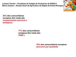 86% dos consumidores europeus têm medo das contaminações químicas e biológicas. 
77% dos consumidores europeus têm medo dos OGM´s 
39% dos consumidores europeus procuram por qualidade 
Luciano Trentini – Presidente do Colégio de Produtores da AREFLH Marco Cestaro – Direção Geral de Agricultura da Região de Emilia-Romagna  