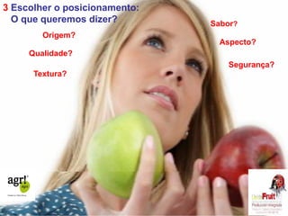 3 Escolher o posicionamento: 
O que queremos dizer? 
Origem? 
Sabor? 
Qualidade? 
Aspecto? 
Textura? 
Segurança? 
 