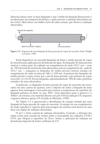 Cap. 3 Desinfecção com Agentes Físicos 51
diferença básica entre as duas lâmpadas é que o bulbo da lâmpada fluorescente é
recoberto por um composto de fósforo, o qual converte a radiação ultravioleta em
luz visível. Além disso, esse bulbo é feito de vidro comum, que absorve a radiação
ultravioleta.
Eletrodo de tungstênio
Vapor de mercúrio e argônio Camisa de quartzo
Figura 3.2 Esquema de uma lâmpada de baixa pressão de vapor de mercúrio. Fonte: Wright
& Cairns, 1998.
Estão disponíveis no mercado lâmpadas de baixa e média pressão de vapor
de mercúrio para aplicação em desinfecção de água. As lâmpadas de baixa pressão
emitem a maior parte da radiação no comprimento de onda 253,7 nm – mais
de 95% do total de emissão de raios ultravioleta está no comprimento de onda de
253,7 nm –, enquanto as lâmpadas de média pressão emitem energia em
comprimento de onda na faixa de 180 a 1.370 nm. A potência das lâmpadas de
média pressão é muito maior que a das de baixa pressão, cuja potência de vapor
está entre 15 e 65 W. Nessas lâmpadas, aproximadamente 70% de toda a potência
emitida é de raios ultravioleta.
Usualmente, as lâmpadas de baixa pressão de vapor de mercúrio são encer-
radas em uma camisa de quartzo, com o objetivo de isolar a lâmpada do meio
aquoso. Essa montagem é necessária para manter a temperatura da superfície da
lâmpada próxima ao ideal, ou seja, 40o
C. Uma alternativa para o quartzo é o
Teflon®
, no entanto, esse material absorve cerca de 35% da radiação UV, enquanto
o quartzo absorve apenas 5% (Combs & McGuire, 1989).
Na Tabela 3.1 é apresentada a distribuição de energia emitida por uma
lâmpada de baixa pressão de vapor de mercúrio. A energia em um comprimento
de onda específico é expressa pela porcentagem da emissão total dentro de uma
faixa (ou região) de radiação ultravioleta.
O sol é a fonte natural de radiação ultravioleta. Contudo, a absorção das
ondas curtas pela camada de ozônio reduz a intensidade das radiações UV-B e
UV-C que chegam à superfície da Terra. Assim, a aplicação da radiação na
desinfecção depende de fontes artificiais de UV.
 
