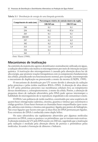 52 Processos de Desinfecção e Desinfetantes Alternativos na Produção de Água Potável
Tabela 3.1 Distribuição de energia de uma lâmpada germicida.
Porcentagem relativa de emissão dentro da região
Comprimento de onda (nm)
248-365 nm 248-313 nm
248 0,1 0,1
254 95,2 97,4
265 0,1 0,1
280/289 0,1 0,1
297 0,3 0,3
302 0,2 0,2
313 1,8 1,9
334 0,1 –
365 2 –
Fonte: Harm (1980).
Mecanismos de Inativação
Ao contrário da maioria dos agentes desinfetantes normalmente utilizada em águas,
a radiação ultravioleta não inativa os microrganismos por meio de interação (reação)
química. A inativação dos microrganismos é causada pela absorção dessa luz de
alta energia, que promove reações fotoquímicas com os componentes fundamentais
das células, prejudicando seu funcionamento normal, por exemplo, interrompendo
o mecanismo de duplicação ou provocando a morte da mesma (USEPA, 1999).
O mecanismo de desinfecção por UV ocorre devido à absorção da radiação
pelas proteínas e pelos ácidos nucléicos RNA e DNA. A absorção de altas doses
de UV pelas proteínas presentes nas membranas celulares leva ao rompimento
dessas membranas e, conseqüentemente, à morte da célula. Porém, a absorção de
pequenas doses de radiação ultravioleta pelo DNA pode apenas interromper a
habilidade do microrganismo de se reproduzir, impedindo-o de contaminar o meio.
O DNA é um polímero de ácido nucléico, constituído por uma seqüência de
quatro bases nitrogenadas (adenina, citosina, guanina e timina) que constituem o
código genético. Essas bases formam as chamadas bases emparelhadas (por exem-
plo, adenina com timina e citosina com guanina), ligadas por pontes de hidrogênio.
São essas ligações que fazem com que as duas fitas do DNA permaneçam ligadas.
Essa estrutura do DNA é conhecida como dupla hélice.
Os raios ultravioleta são rapidamente absorvidos por algumas moléculas
presentes no DNA, como as purinas e as pirimidinas, que se tornam mais reativas.
A absorção máxima de UV pelo DNA ocorre em 260 nm, sugerindo que a inativação
pela radiação é mediada pela absorção direta de purinas e pirimidinas pelas
moléculas, levando à formação de dímeros e hidratos.
 