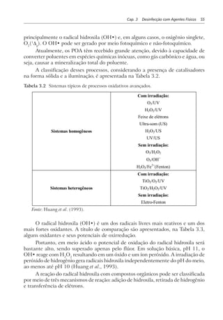 Cap. 3 Desinfecção com Agentes Físicos 55
principalmente o radical hidroxila (OH•) e, em alguns casos, o oxigênio singlete,
O2
(1
∆g
). O OH• pode ser gerado por meio fotoquímico e não-fotoquímico.
Atualmente, os POA têm recebido grande atenção, devido à capacidade de
converter poluentes em espécies químicas inócuas, como gás carbônico e água, ou
seja, causar a mineralização total do poluente.
A classificação desses processos, considerando a presença de catalisadores
na forma sólida e a iluminação, é apresentada na Tabela 3.2.
Tabela 3.2 Sistemas típicos de processos oxidativos avançados.
Sistemas homogêneos
Com irradiação:
O3/UV
H2O2/UV
Feixe de elétrons
Ultra-som (US)
H2O2/US
UV/US
Sem irradiação:
O3/H2O2
O3/OH–
H2O2/Fe2+
(Fenton)
Sistemas heterogêneos
Com irradiação:
TiO2/O2/UV
TiO2/H2O2/UV
Sem irradiação:
Eletro-Fenton
Fonte: Huang et al. (1993).
O radical hidroxila (OH•) é um dos radicais livres mais reativos e um dos
mais fortes oxidantes. A título de comparação são apresentados, na Tabela 3.3,
alguns oxidantes e seus potenciais de oxirredução.
Portanto, em meio ácido o potencial de oxidação do radical hidroxila será
bastante alto, sendo superado apenas pelo flúor. Em solução básica, pH 11, o
OH• reage com H2
O2
resultando em um óxido e um íon peróxido. A irradiação de
peróxido de hidrogênio gera radicais hidroxila independentemente do pH do meio,
ao menos até pH 10 (Huang et al., 1993).
A reação do radical hidroxila com compostos orgânicos pode ser classificada
por meio de três mecanismos de reação: adição de hidroxila, retirada de hidrogênio
e transferência de elétrons.
 