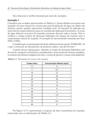 86 Processos de Desinfecção e Desinfetantes Alternativos na Produção de Água Potável
Esta discussão é melhor ilustrada por meio de exemplos.
Exemplo 1
Considere que os dados apresentados na Tabela 4.1 foram obtidos em ensaio com
traçador em uma câmara de contato para pré-desinfecção de água (os dados são
fictícios, porém, podem representar condição real). O traçador foi aplicado em
intervalo de tempo suficiente para ser considerado aplicação instantânea. A vazão
de água afluente ao reator foi mantida constante durante todo o ensaio. Não se
conhece o tempo teórico de detenção hidráulica da câmara de contato nem a
concentração inicial de traçador. O exemplo foi desenvolvido tomando por base
WEF (1996).
Considere que a concentração inicial de coliformes fecais seja de 10.000/100 ml
e que a constante de decaimento, de primeira ordem, seja de 0,6 min–1
.
A partir dessas informações, obtenha o tempo de detenção hidráulica real
do reator e compare as eficiências, considerando o reator único de mistura completa,
os reatores de mistura completa em série, o reator de pistão e o reator com dispersão.
Tabela 4.1 Resultados de ensaio com traçador.
Tempo (min.) Concentração efluente (mg/L)
0 0
5 6,5
10 21
15 26
20 20
25 15
30 10
35 6
40 4
45 1,8
50 1
55 0,5
60 0
Na Figura 4.5 é representada a resposta da dose instantânea de traçador,
construída com as informações da Tabela 4.1.
 
