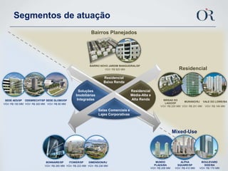 Segmentos de atuaçãoBairros PlanejadosResidencial Baixa RendaResidencialResidencial Média-Alta e Alta RendaSoluções Imobiliárias IntegradasSalas Comerciais e Lajes CorporativasMixed-Use