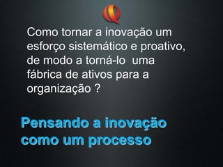 Como tornar a inovação um
esforço sistemático e proativo,
de modo a torná-lo uma
fábrica de ativos para a
organização ?
Pensando a inova
Pensando a inovaç
ção
ão
como um processo
como um processo
 