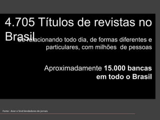 4.705 Títulos de revistas no BrasilSe relacionandotododia, de formasdiferentes e particulares, com milhões  de pessoasAproximadamente15.000 bancasemtodo o BrasilFonte : Aner e Sind.Vendedores de jornais