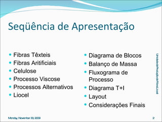 Seqüência de Apresentação Fibras Têxteis Fibras Aritificiais Celulose Processo Viscose Processos Alternativos Liocel Diagrama de Blocos Balanço de Massa Fluxograma de Processo Diagrama T+I Layout Considerações Finais 