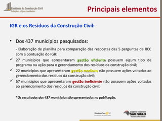 IGR e os Resíduos da Construção Civil:
• Dos 437 municípios pesquisados:
- Elaboração de planilha para comparação das respostas das 5 perguntas de RCC
com a pontuação do IGR:
 27 municípios que apresentaram gestão eficientegestão eficiente possuem algum tipo de
programa ou ação para o gerenciamento dos resíduos da construção civil;
 22 municípios que apresentaram gestão medianagestão mediana não possuem ações voltadas ao
gerenciamento dos resíduos da construção civil;
 57 municípios que apresentaram gestão ineficientegestão ineficiente não possuem ações voltadas
ao gerenciamento dos resíduos da construção civil;
*Os resultados dos 437 municípios são apresentados na publicação.
Principais elementos
 