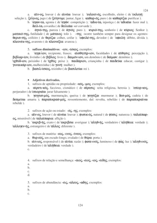 124
124
a. ααααιιιινννν-οοοοςςςς, louvar ( de ααααινεινεινεινεωωωω: louvar ); εκλεκτεκλεκτεκλεκτεκλεκτ-οοοοςςςς, escolhido, eleito ( de εκλογηεκλογηεκλογηεκλογη:
seleção ); ζευζευζευζευγγγγ-οοοοςςςς, jugo ( de ζευζευζευζευγνυµιγνυµιγνυµιγνυµι: juntar, ligar ); καθαρκαθαρκαθαρκαθαρ-οοοοςςςς, puro ( de καθαρικαθαρικαθαρικαθαριζωζωζωζω: purificar ).
b. αγωναγωναγωναγων-ιιιιαααα, agonia ( de αγωαγωαγωαγωνννν: competição ); αδικαδικαδικαδικ-ιιιιαααα, injustiça ( de αδικεαδικεαδικεαδικεωωωω: fazer mal );
δειλδειλδειλδειλ-ιιιιαααα, covardia ( de δειλιαδειλιαδειλιαδειλιαωωωω: ser corvarde ).
c. ααααγνογνογνογνο-τητητητηςςςς, pureza ( de ααααγνογνογνογνοςςςς: puro ); κυριοκυριοκυριοκυριο-τητητητηςςςς, senhorio ( de κυκυκυκυριοριοριοριοςςςς: Senhor );
µαταιοµαταιοµαταιοµαταιο-τητητητηςςςς, futilidade ( de µαµαµαµαταιοταιοταιοταιοςςςς: tolo ). -τητητητηςςςς ocorre também sempre para designar os agentes:
θερισθερισθερισθερισ-τητητητηςςςς,,,, ceifeiro ( de θεριθεριθεριθεριζωζωζωζω: colher, ceifar ); οφειλεοφειλεοφειλεοφειλε-τητητητηςςςς,,,, devedor ( de οφειληοφειληοφειληοφειλη: débito, dívida );
πλεονεπλεονεπλεονεπλεονεκκκκ-τητητητηςςςς,,,, avarento ( de πλεονεξιπλεονεξιπλεονεξιπλεονεξιαααα: avareza ).
5. sufixos diminuitivos: -ιονιονιονιον, -ιιιισκοσκοσκοσκοςςςς, exemplos:
a. αγγεαγγεαγγεαγγε-ιιιιονονονον, recipiente, frasco; ααααισθητηισθητηισθητηισθητηρρρρ-ιονιονιονιον, faculdades ( de ααααιιιιθησιθησιθησιθησιςςςς: percepção );
βιβλαρβιβλαρβιβλαρβιβλαρ-ιιιιονονονον, livrinho ( de βιβιβιβιβλοβλοβλοβλοςςςς: livro ); δαιµοδαιµοδαιµοδαιµονννν-ιονιονιονιον, um demônio ( de δαιδαιδαιδαιµωνµωνµωνµων: demônio );
ιχθυιχθυιχθυιχθυδδδδ-ιονιονιονιον, peixinho ( de ιιιιχθυχθυχθυχθυςςςς: peixe ); παιδαπαιδαπαιδαπαιδαριονριονριονριον, criançinha ( de παιδευπαιδευπαιδευπαιδευωωωω: educar, castigar );
γυναικαγυναικαγυναικαγυναικαρρρρ-ιονιονιονιον, mulherzinha ( de γυνηγυνηγυνηγυνη: mulher ).
b. βασιλβασιλβασιλβασιλ-ιιιισκοσκοσκοσκοςςςς, reizinho ( de βασιλευβασιλευβασιλευβασιλευωωωω: rei ).
• Adjetivos derivados.
1. sufixos de aptidão ou propriedade: -κοκοκοκοςςςς, -µοµοµοµοςςςς, exemplos:
a. αιαιαιαιρετιρετιρετιρετι-κοκοκοκοςςςς,,,, faccioso, cismático ( de αιαιαιαιρεσιρεσιρεσιρεσιςςςς: seita religiosa, heresia ); επιεπιεπιεπιορορορορ-κοκοκοκοςςςς,,,,
perjurador ( de επιορκεεπιορκεεπιορκεεπιορκεωωωω: jurar falsamente ).
b. γογγυσγογγυσγογγυσγογγυσ-µοµοµοµοςςςς,,,, murmuração, queixa ( de γογγυγογγυγογγυγογγυζωζωζωζω: murmurar ); δεσδεσδεσδεσ-µοµοµοµοςςςς,,,, cadeia ( de
δεσµευδεσµευδεσµευδεσµευωωωω: amarra ); παραπικρασπαραπικρασπαραπικρασπαραπικρασ-µοµοµοµοςςςς,,,, ressentiemento, daí: revolta, rebelião ( de παραπικραιπαραπικραιπαραπικραιπαραπικραινωνωνωνω:
rebelde ).
2. sufixos de ação ou estado: -οοοοςςςς, -ηηηηςςςς, exemplos:
a. αιαιαιαινννν-οοοοςςςς,,,, louvor ( de ααααινεινεινεινεωωωω: louvar ); φυσικφυσικφυσικφυσικ-οοοοςςςς,,,, natural ( de φυφυφυφυσισισισιςςςς: natureza ); ταλαιταλαιταλαιταλαιπωρπωρπωρπωρ-
οοοοςςςς,,,, miserável ( de ταλαιταλαιταλαιταλαιπωριαπωριαπωριαπωρια: aflição ).
b. ακριβακριβακριβακριβ-ηηηηςςςς,,,, exato ( de ακριβοακριβοακριβοακριβοωωωω: averiguar ); αληθαληθαληθαληθ-ηηηηςςςς,,,, verdadeiro ( αληαληαληαληθειαθειαθειαθεια: verdade );
αλλογεναλλογεναλλογεναλλογεν-ηηηηςςςς,,,, estrangeiro ( de ααααλλολλολλολλοςςςς: diferente ).
3. sufixos de matéria: -εοεοεοεοςςςς, -ινοινοινοινοςςςς, -ιιιινεονεονεονεοςςςς, exemplos:
a. θυρθυρθυρθυρ-εοεοεοεοςςςς,,,, um escudo longo, ovalado ( de θυθυθυθυραραραρα: porta ).
b. ααααιτιτιτιτ-ιοιοιοιοςςςς,,,, responsável ( de ααααιτιιτιιτιιτιαααα: razão ); φωτεφωτεφωτεφωτε-ινοινοινοινοςςςς,,,, luminoso ( de φωφωφωφωςςςς: luz ); αληθαληθαληθαληθ-ινοινοινοινοςςςς,,,,
verdadeiro ( de αληαληαληαληθειαθειαθειαθεια: verdade ).
c.
4. sufixos de relação e semelhança: -αιοαιοαιοαιοςςςς, -ειοειοειοειοςςςς, -ιοιοιοιοςςςς, -ειδηειδηειδηειδηςςςς, exemplos:
a.
b.
c.
d.
5. sufixos de abundância: -ειειειειςςςς, -αλεοαλεοαλεοαλεοςςςς, -ωδηωδηωδηωδηςςςς, exemplos:
a.
b.
c.
 