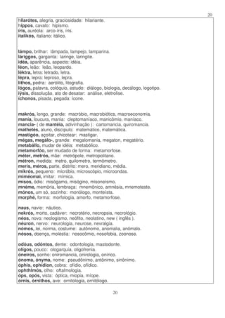 20
20
hilarótes, alegria, graciosidade: hilariante.
híppos, cavalo: hipismo.
íris, auréola: arco-íris, íris.
italikós, italiano: itálico.
lámpo, brilhar: lâmpada, lampejo, lamparina.
láriggos, garganta: laringe, laringite.
idéa, aparência, aspecto: idéia.
léon, leão: leão, leopardo.
léktra, letra: letrado, letra.
lépra, lepra: leproso, lepra.
Iíthos, pedra: aerólito, litografia.
lógos, palavra, colóquio, estudo: diálogo, biologia, decálogo, logotipo.
iýsis, dissolução, ato de desatar: análise, eletrolise.
íchonos, pisada, pegada: ícone.
makrós, longo, grande: macróbio, macrobiótics, macroeconomia.
manía, loucura, mania: cleptomaníaco, manicômio, maníaco.
mancia- ( de mantéia, adivinhação ): cartomancia, quiromancia.
mathetés, aluno, discípulo: matemático, matemática.
mastigóo, açoitar, chicotear: mastigar.
mégas, megálo-, grande: megalomania, megaton, megatério.
metabállo, mudar de idéia: metabólico.
metamorfóo, ser mudado de forma: metamorfose.
méter, metrós, mãe: metrópole, metropolitano.
métron, medida: metro, quilometro, termômetro.
merís, méros, parte, distrito: mero, meridiano, média.
mikrós, pequeno: micróbio, microscópio, microondas.
miméomai, imitar: mímica.
mísos, ódio: misógamo, misógino, misoneísmo.
mnéme, memória, lembraça: mnemônico, amnésia, mnemoteste.
mónos, um só, sozinho: monólogo, monteísta.
morphé, forma: morfologia, amorfo, metamorfose.
naus, navio: náutico.
nekrós, morto, cadáver: necrotério, necropsia, necrológio.
néos, novo: neologismo, neófito, neolatino, new ( inglês ).
néuron, nervo: neurologia, neurose, nevralgia.
nómos, lei, norma, costume: autônomo, anomalia, anõmalo.
nósos, doença, moléstia: nosocõmio, nosofobia, zoonose.
odóus, odóntos, dente: odontologia, mastodonte.
olígos, pouco: ologarquia, oligofrenia.
óneiros, sonho: oniromancia, onirologia, onírico.
ónoma, ónyma, nome: pseudõnimo, antônimo, sinônimo.
óphis, ophídion, cobra: ofídio, ofídico.
ophthlmós, olho: oftalmologia.
óps, opós, vista: óptica, miopia, míope.
órnis, órnithos, ave: ornitologia, ornitólogo.
 