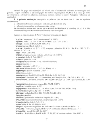 25
25
Existem em grego três declinações ou flexões, que se estabelecem conforme as terminações das
palavras. Algum semelhante as três conjugações dos verbos em português ( AR, ER e IR ), sendo que neste
caso referem-se a substantivos, adjetivos, pronomes e numerais ( apenas no tempo Particípio o verbo pode ser
declinado ).
1. A primeira declinação corresponde as palavras com os temas em αααα, com as seguintes
características:
a. substantivos femininos terminados em αααα puro, em αααα misto em e ηηηη.
b. substantivos masculinas terminadas em ααααςςςς e em ηηηηςςςς.
Os substantivos em αααα puro são os que o αααα final do Nominativo é precedido de εεεε, ιιιι e ρρρρ, são
substantivos em que o αααα conserva-se em todos os casos do singular.
Vejamos as palavras gregas do Novo Testamento terminadas em αααα puro:
αγγελιαγγελιαγγελιαγγελιαααα ( mensagem, I Jo 1:5; mandamento, I Jo 3:11* ).
ααααγιοσιγιοσιγιοσιγιοσιαααα ( santo, I Co 3:17; Jd 20; Mt 7:6; Hb 9:12; Jo 17:11; Ef 1:4 ).
ααααγκυραγκυραγκυραγκυρα ( âncora, At 27:29,30,40; Hb 6:19* )
αγνειαγνειαγνειαγνειαααα ( pureza, I Tm 4:12; 5:2* )
ααααγνοιαγνοιαγνοιαγνοια ( ignorância, At 3:17; 17:30; arrogante, voluntária, Ef 4:18; I Pe 1:14; 2:15; Tt 2:5;
inocente, II Co 7:11 )
ααααγραγραγραγρα ( pesca, Lc 5:4,9* ).
αγριαγριαγριαγριαααα ( selvagem, sivestre, violento, Mt 3:4; Mc 1:6; Jd 13* ).
αγρυπνιαγρυπνιαγρυπνιαγρυπνιαααα ( vigília, II Co 6:5;11:27* )
αγωνιαγωνιαγωνιαγωνιαααα ( agonia, Lc 22:24 )
αδιαφθοριαδιαφθοριαδιαφθοριαδιαφθοριαααα ( sinceridade, Tt 2:7, versículo variante* )
αδικιαδικιαδικιαδικιαααα ( injustiça )
αηδιαηδιαηδιαηδιαααα ( inimizade, Lc 23:12* )
αθανασιααθανασιααθανασιααθανασια ( imortalidade, I Co 15:53s; I Tm 6:16* )
ααααιχρολογιιχρολογιιχρολογιιχρολογιαααα ( palavra indecente, Cl 3:8* )
ααααιτιιτιιτιιτιαααα ( causa, razão ).
ααααιωνιιωνιιωνιιωνιαααα ( eterno, Rm 16:25; 16:26; Mt 25:46; Lc 10:25; Hb 13:20.
ακαθαρσιακαθαρσιακαθαρσιακαθαρσιαααα ( impureza, Mt 23:27; imoralidade, más intenções, Rm 1:24, Gl 5:19, I Ts 2:3 )
ακαταστασιακαταστασιακαταστασιακαταστασιαααα ( desordem, confusão, II Co 6:5; I Co 14:33; II Co 12:20; Tg 3:16; motim, Lc 21:9*
)
ακρασιακρασιακρασιακρασιαααα ( falta de domínio próprio, I Co 7:5; Mt 23:25* )
ακριακριακριακριβειαβειαβειαβεια ( exatidão, rigor, At 22:3 )
ακροβυστιακροβυστιακροβυστιακροβυστιαααα ( incircuncisão, At 11:3; Rm 2:25; Cl 2:13; Rm 2:13; 4:9; Cl 3:11 )
αλοζονειαλοζονειαλοζονειαλοζονειαααα ( arrogância, Tg 4:16; I Jo 2:16* )
αληαληαληαληθειαθειαθειαθεια ( verdade, Rm 15:8; II Co 7:14; Mc 5:33; Ef 4:25 )
ααααµαρτιµαρτιµαρτιµαρτιαααα ( pecado )
αναιαναιαναιαναιδειαδειαδειαδεια ( persistência, ausência de vergonha, Lc 11:8* )
αναλογιαναλογιαναλογιαναλογιαααα ( relacionamento correto, em proporção, Rm 12:6* )
ανεγκλησιανεγκλησιανεγκλησιανεγκλησιαααα ( inculpável, Fp 3:14* )
αααανοιανοιανοιανοια( tolice, II Tm 3:9; fúria, Lc 6:11* )
ανοµιανοµιανοµιανοµιαααα ( ilegalidade, trasgressão, Rm 6:19; I Jo 3:4; Mt 13:14; Rm 6:19; Hb 10:17 )
αντιλογιαντιλογιαντιλογιαντιλογιαααα ( contradição, disputa, Hb 6:16; 7:7; hostilidade, rebelião, Hb 12:3; Jd 11* )
αντιµισθιαντιµισθιαντιµισθιαντιµισθιαααα ( troca, II Co 6:13; Rm 1:27* )
απειαπειαπειαπειθειαθειαθειαθεια ( desobediência, Rm 11:30; Ef 2:2; 5:6; Cl 3:6, versículo variante; Hb 4:6,11* )
 
