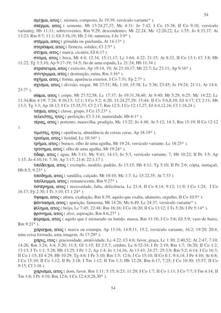 54
54
σµισµισµισµιγµα,γµα,γµα,γµα, ατοατοατοατοςςςς ( mistura, composto, Jo 19:39, versículo variante* ).
σπεσπεσπεσπερµα,ρµα,ρµα,ρµα, ατοατοατοατοςςςς ( semente, Mt 13:24,27,37; Mc 4:31; Jo 7:42; I Co 15:38; II Co 9:10, versículo
variantej; Hb 11:11; sobreviventes, Rm 9:29; descendentes, Mt 22:24; Mc 12:20,22; Lc 1:55; Jo 8:33,37; At
13:23; Rm 9:7; 11:1; Gl 3:16,19; Hb 2:16; natureza, I Jo 3:9* ).
στεστεστεστεµµα,µµα,µµα,µµα, ατοατοατοατοςςςς ( grinalda ou guirlanda, At 14:13* ).
στερεστερεστερεστερεωµα,ωµα,ωµα,ωµα, ατοατοατοατοςςςς ( firmeza, solidez, Cl 2:5* ).
στιστιστιστιγµα,γµα,γµα,γµα, ατοατοατοατοςςςς ( marca, cicatriz, Gl 6:17 ).
στοστοστοστοµα,µα,µα,µα, ατοατοατοατοςςςς ( boca, Mt 4:4; 12:34; 15:11,17; Lc 1:64; 4:22; 21:15; At 8:32; II Co 13:1; Cl 3:8; Hb
11:22; Tg 3:3,10; Ap 9:17-19; 14:5; fio de uma espada, Lc 21:24; Hb 11:34 ).
στραστραστραστρατευµα,τευµα,τευµα,τευµα, ατοατοατοατοςςςς ( exército, Ap 19:14, 19; At 23:10,17; Mt 22:7; Lc 23:11; Ap 9:16* ).
συσυσυσυντριµµα,ντριµµα,ντριµµα,ντριµµα, ατοατοατοατοςςςς ( destruição, ruína, Rm 3:16* ).
σχησχησχησχηµα,µα,µα,µα, ατοατοατοατοςςςς ( forma, aparência exterior, I Co 7:31; Fp 2:7* ).
σχισχισχισχισµα,σµα,σµα,σµα, ατοατοατοατοςςςς ( divisão, rasgar, Mt 27:51; Mc 1:10; 15:38; Lc 5:36; 23:45; Jo 19:24; 21:11; At 14:4;
23:7* ).
σωσωσωσωµα,µα,µα,µα, ατοατοατοατοςςςς ( corpo, Mt 27:52,58; Lc 17:37; Jo 19:31,38,40; At 9:40; Mt 5:29; 6:25; Mc 14:22; Lc
11:34;Rm 4:19; 7:24; 8:10,13; 12:1; I Co 5:2; 6:20; 11:24,27,29; 15:44; II Co 5:6,8,10; Gl 6:17; Cl 2:11; Hb
13:3; Tg 3:3; Ap 18:13; I Co 15:35,37; Cl 2:17; Rm 12:5; I Co 12:13,27; Ef 4:4,12,16; Cl 1:18,24 ).
ταταταταγµα,γµα,γµα,γµα, ατοατοατοατοςςςς ( classe, grupo, I Co 15:23* ).
τελειοτελειοτελειοτελειοτητητητηςςςς,,,, ητοητοητοητοςςςς ( perfeição, Cl 3:14; maturidade, Hb 6:1* ).
τετετετεραραραραςςςς,,,, ατοατοατοατοςςςς ( portento, maravilha, prodígio, Mc 13:22; Jo 4:48; At 5:12; 14:3; Rm 15:19; II Co 12:12
).
τιµοτιµοτιµοτιµοτητητητηςςςς,,,, ητοητοητοητοςςςς ( opulência, abundância de coisas caras, Ap 18:19* ).
τραυτραυτραυτραυµα,µα,µα,µα, ατοατοατοατοςςςς ( feridad, Lc 10:34* ).
τρητρητρητρηµα,µα,µα,µα, ατοατοατοατοςςςς ( buraco, olho de uma agulha, Mt 19:24, versículo variante; Lc 18:25* ).
τρυτρυτρυτρυτηµα,τηµα,τηµα,τηµα, ατοατοατοατοςςςς ( olho de uma agulha, Mt 19:24* ).
υυυυδωρ,δωρ,δωρ,δωρ, ατοατοατοατοςςςς ( água, Mt 3:11; Mc 9:41; 14:13; Jo 5:3, versículo variante, 7; Hb 10:22; II Pe 3:5; Ap
1:15; Jo 4:10,14; 7:38; Ap 7:17; 21:6; 22:1,17 ).
υυυυποποποποδειγµα,δειγµα,δειγµα,δειγµα, ατοατοατοατοςςςς ( exemplo, modelo, padrão, Jo 13:15; Hb 4:11; Tg 5:10; II Pe 2:6; cópia, imitaçaõ,
Hb 8:5; 9:23* ).
υυυυποποποποδηµα,δηµα,δηµα,δηµα, ατοατοατοατοςςςς ( sandália, calçado, Mt 10:10; Mc 1:7; Lc 15:22,35; At 7:33 ).
υυυυποποποπολειµµα,λειµµα,λειµµα,λειµµα, ατοατοατοατοςςςς ( remanescente, Rm 9:27* ).
υυυυστεστεστεστερηµα,ρηµα,ρηµα,ρηµα, ατοατοατοατοςςςς ( necessidade, falta, deficiência, Lc 21:4; II Co 8:14; 9:12; 11:9; I Co 1:24; I Co
16:17; Fp 2:30; I Ts 3:10; Cl 1:24* ).
υυυυψωµα,ψωµα,ψωµα,ψωµα, ατοατοατοατοςςςς ( altura, exaltação, Rm 8:39; aquilo que exalta, altaneiro, orgulho, II Co 10:5* ).
φαφαφαφαντασµα,ντασµα,ντασµα,ντασµα, ατοατοατοατοςςςς ( aparição, fantasma, Mt 14:26; Mc 6:49; Lc 24:37, versículo variante* ).
φιφιφιφιληµα,ληµα,ληµα,ληµα, ατοατοατοατοςςςς ( beijo, Lc 7:45; 22:48; Rm 16:16; I Co 16:20; II Co 13:12; I Ts 5:26; I Pe 5:14* ).
φροφροφροφρονηµα,νηµα,νηµα,νηµα, ατοατοατοατοςςςς ( alvo, aspiração, Rm 8:6,27* ).
φυφυφυφυραµα,ραµα,ραµα,ραµα, ατοατοατοατοςςςς ( aquilo que é misturado ou batido, massa, Rm 11:16; I Co 5:6; Gl 5:9; vaso de barro,
Rm 9:21* ).
χαχαχαχαραγµα,ραγµα,ραγµα,ραγµα, ατοατοατοατοςςςς ( marca ou estampa, Ap 13:16; 14:9,11; 15:2, versículo variante; 16:2; 19:20; 20:4;
uma coisa formada, uma imagem, At 17:29* ).
χαχαχαχαριριριριςςςς,,,, ιτοιτοιτοιτοςςςς ( graciosidade, atratividade, Lc 4:22; Cl 4:6; favor, graça, Lc 1:30; 2:40,52; At 2:47; 7:10;
14:26; Rm 3:24; 4:4; 5:20; 11:5; Gl 1:15; Ef 2:5,7; crédito, Lc 6:32-34; I Pe 2:19; Rm 1:7; 16:20; II Co 1:2;
13:13; I Ts 1:1; 5:28; Hb 13:25; I Pe 1:2; Ap 1:4; Jo 1:14,16; At 13:43; 24:27; 25:3,9; Rm 5:2; 6:14; I Co 16:3;
II Co 1:15; Ef 4:29; Hb 10:29; Tg 4:6; I Pe 5:10; Rm 1:5; 12:6; I Co 15:10; II Co 8:1; 9:4,14; I Pe 4:10; At 6:8;
I Co 15:10; II Co 1:12; II Pe 3:18; I Tm 1:12; II Tm 1:3; Hb 12:28; Rm 6:17; 7:25; I Co 10:30; 15:57; II Co
9:15; Cl 3:16 ).
χαχαχαχαρισµα,ρισµα,ρισµα,ρισµα, ατοατοατοατοςςςς ( dom, favor, Rm 1:11; 5:15; 6:23; 11:29; I Co 1:7; II Co 1:11; I Co 7:7; I Tm 4:14; II
Tm 1:6; I Pe 4:10; Rm 12:6; I Co 12:4,9,28,30* ).
 