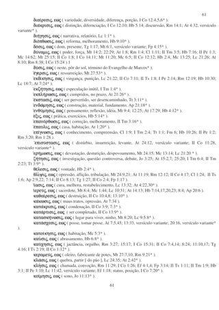 61
61
διαιδιαιδιαιδιαιρεσιρεσιρεσιρεσιςςςς,,,, εωεωεωεωςςςς ( variedade, diversidade, diferença, porção, I Co 12:4,5,6* ).
διαδιαδιαδιακρισικρισικρισικρισιςςςς,,,, εωεωεωεωςςςς ( distinção, difernciação, I Co 12:10; Hb 5:14; discurssão, Rm 14:1; At 4:32, versículo
variante* ).
διηδιηδιηδιηγησιγησιγησιγησιςςςς,,,, εωεωεωεωςςςς ( narrativa, relatório, Lc 1:1* ).
διοδιοδιοδιοπθωσιπθωσιπθωσιπθωσιςςςς,,,, εωεωεωεωςςςς ( reforma, melhoramento, Hb 9:10* ).
δοδοδοδοσισισισιςςςς,,,, εωεωεωεωςςςς ( dom, presente, Tg 1:17; Mt 6:1, versículo variante; Fp 4:15* ).
δυδυδυδυναµιναµιναµιναµιςςςς,,,, εωεωεωεωςςςς ( poder, força, Mt 14:2; 22:29; At 1:8; Rm 1:4; Cl 1:11; II Tm 3:5; Hb 7:16; II Pe 1:3;
Mc 14:62; Mt 25:15; II Co 1:8; I Co 14:11; Mt 11:20; Mc 6:5; II Co 12:12; Hb 2:4; Mc 13:25; Lc 21:26; At
8:10; Rm 8:38; I Co 15:24 ).1
δυδυδυδυσισισισιςςςς,,,, εωεωεωεωςςςς ( oeste, pôr do sol, término do Evangelho de Marcos* ).
εεεεγερσιγερσιγερσιγερσιςςςς,,,, εωεωεωεωςςςς ( ressurreição, Mt 27:53* ).
εκδιεκδιεκδιεκδικησικησικησικησιςςςς,,,, εωεωεωεωςςςς ( vingança, punição, Lc 21:22; II Co 7:11; II Ts 1:8; I Pe 2:14; Rm 12:19; Hb 10:30;
Lc 18:7; At 7:24* ).
εκζηεκζηεκζηεκζητησιτησιτησιτησιςςςς,,,, εωεωεωεωςςςς ( especulação inútil, I Tm 1:4* ).
εκπληεκπληεκπληεκπληρωσιρωσιρωσιρωσιςςςς,,,, εωεωεωεωςςςς ( cumpridos, no prazo, At 21:26* ).
εεεεκστασικστασικστασικστασιςςςς,,,, εωεωεωεωςςςς ( ser pervertido, ser desencaminhado, Tt 3:11* ).
ενδωενδωενδωενδωµησιµησιµησιµησιςςςς,,,, εωεωεωεωςςςς ( construção, material, fundamento, Ap 21:18* ).
ενθυενθυενθυενθυµησιµησιµησιµησιςςςς,,,, εωεωεωεωςςςς ( pensamento, reflexão, idéia, Mt 9:4; 12:25; At 17:29; Hb 4:12* ).
εεεεξιξιξιξιςςςς,,,, εωεωεωεωςςςς ( prática, exercícios, Hb 5:14* ).
επανοεπανοεπανοεπανορθωσιρθωσιρθωσιρθωσιςςςς,,,, εωεωεωεωςςςς ( correção, melhoramento, II Tm 3:16* ).
εεεεπαυλιπαυλιπαυλιπαυλιςςςς,,,, εωεωεωεωςςςς ( casa, habitação, At 1:20* ).
επιεπιεπιεπιγνωσιγνωσιγνωσιγνωσιςςςς,,,, εωεωεωεωςςςς ( conhecimento, compreensão, Cl 1:9; I Tm 2:4; Tt 1:1; Fm 6; Hb 10:26; II Pe 1:2;
Rm 3:20; Rm 1:28 ).
επισυεπισυεπισυεπισυστασιστασιστασιστασιςςςς,,,, εωεωεωεωςςςς ( distúrbio, insurreição, levante, At 24:12, versículo variante; II Co 11:28,
versículo variante* ).
ερηερηερηερηµωσιµωσιµωσιµωσιςςςς,,,, εωεωεωεωςςςς ( devastação, desturição, despovoamento, Mt 24:15; Mc 13:14; Lc 21:20 * ).
ζηζηζηζητησιτησιτησιτησιςςςς,,,, εωεωεωεωςςςς ( investigação, questão controversa, debate, Jo 3:25; At 15:2,7; 25:20; I Tm 6:4; II Tm
2:23; Tt 3:9* ).
θεθεθεθελεσιλεσιλεσιλεσιςςςς,,,, εωεωεωεωςςςς ( vontade, Hb 2:4* ).
θλιθλιθλιθλιψιψιψιψιςςςς,,,, εωεωεωεωςςςς ( opressão, aflição, tribulação, Mt 24:9,21; At 11:19; Rm 12:12; II Co 4:17; Cl 1:24; II Ts
1:6; Ap 2:9,22; 7:14; II Co 8:13; Tg 1:27; II Co 2:4; Fp 1:17 ).
ιιιιασιασιασιασιςςςς,,,, εωεωεωεωςςςς ( cura, melhora, restabelecimento, Lc 13:32; At 4:22,30* ).
ιιιιερευερευερευερευςςςς,,,, εωεωεωεωςςςς ( sacerdote, Mt 8:4; Mc 1:44; Lc 10:31; At 14:13; Hb 7:14,17,20,23; 8:4; Ap 20:6 ).
καθαικαθαικαθαικαθαιρεσιρεσιρεσιρεσιςςςς,,,, εωεωεωεωςςςς ( destruição, II Co 10:4,8; 13:10* ).
κακακακακωσικωσικωσικωσιςςςς,,,, εωεωεωεωςςςς ( maus tratos, opressão, At 7:34 ).
κατακατακατακατακρισικρισικρισικρισιςςςς,,,, εωεωεωεωςςςς ( condenação, II Co 3:9; 7:3* ).
κατακατακατακαταρτισιρτισιρτισιρτισιςςςς,,,, εωεωεωεωςςςς ( ser completado, II Co 13:9* ).
κατασκηκατασκηκατασκηκατασκηνωσινωσινωσινωσιςςςς,,,, εωεωεωεωςςςς ( lugar para viver, ninho, Mt 8:20; Lc 9:5:8* ).
κατακατακατακατασχεσισχεσισχεσισχεσιςςςς,,,, εωεωεωεωςςςς ( posse, tomar posse, At 7:5,45; 13:33, versículo variante; 20:16, versículo variante*
).
κατοικατοικατοικατοικησικησικησικησιςςςς,,,, εωεωεωεωςςςς ( habitação, Mc 5:3* ).
καυκαυκαυκαυσισισισιςςςς,,,, εωεωεωεωςςςς ( abrasamento, Hb 6:8* ).
καυκαυκαυκαυχησιχησιχησιχησιςςςς,,,, εωεωεωεωςςςς ( jactância, orgulho, Rm 3:27; 15:17; I Co 15:31; II Co 7:4,14; 8:24; 11:10,17; Tg
4:16; I Ts 2:19; II Co 1:12* ).
κεραµευκεραµευκεραµευκεραµευςςςς,,,, εωεωεωεωςςςς ( oleiro, fabricante de potes, Mt 27:7,10; Rm 9:21* ).
κλακλακλακλασισισισιςςςς,,,, εωεωεωεωςςςς ( quebra, partir [ do pão ], Lc 24:35; At 2:42* ).
κληκληκληκλησισισισιςςςς,,,, εωεωεωεωςςςς ( chamada, convoção, Rm 11:29; I Co 1:26; Ef 4:1,4; Fp 3:14; II Ts 1:11; II Tm 1:9; Hb
3:1; II Pe 1:10; Lc 11:42, versículo variante; Ef 1:18; status, posição, I Co 7:20* ).
κοικοικοικοιµησιµησιµησιµησιςςςς,,,, εωεωεωεωςςςς ( sono, Jo 11:13* ).
 