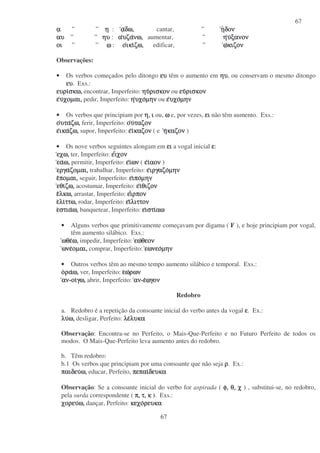 67
67
αααα ” ” ηηηη : ααααδω,δω,δω,δω, cantar, ” ηηηηδονδονδονδον
αυαυαυαυ ” ” ηυηυηυηυ : ααααυζαυζαυζαυζανω,νω,νω,νω, aumentar, ” ηηηηυυυυξανονξανονξανονξανον
οιοιοιοι ” ” ωωωω : οοοοικιικιικιικιζω,ζω,ζω,ζω, edificar, ” ωωωωκιζονκιζονκιζονκιζον
Observações:
• Os verbos começados pelo ditongo ευευευευ têm o aumento em ηυηυηυηυ, ou conservam o mesmo ditongo
ευευευευ. Exs.:
ευριευριευριευρισκω,σκω,σκω,σκω, encontrar, Imperfeito: ηυηυηυηυρισκονρισκονρισκονρισκον ou ευευευευρισκονρισκονρισκονρισκον
εεεευυυυχοµαι,χοµαι,χοµαι,χοµαι, pedir, Imperfeito: ηηηηυχουχουχουχοµηνµηνµηνµην ou εεεευχουχουχουχοµηνµηνµηνµην
• Os verbos que principiam por η,η,η,η, ιιιι ou, ωωωω e, por vezes, ειειειει não têm aumento. Exs.:
οοοουταυταυταυταζω,ζω,ζω,ζω, ferir, Imperfeito: οοοουυυυταζονταζονταζονταζον
εεεεικαικαικαικαζω,ζω,ζω,ζω, supor, Imperfeito: εεεειιιικαζονκαζονκαζονκαζον ( e ηηηηκαζονκαζονκαζονκαζον )
• Os nove verbos seguintes alongam em ειειειει a vogal inicial εεεε:
εχω,εχω,εχω,εχω, ter, Imperfeito: εεεειιιιχονχονχονχον
εαεαεαεαω,ω,ω,ω, permitir, Imperfeito: εεεειιιιωνωνωνων ( εεεειιιιαοναοναοναον )
εργαεργαεργαεργαζοµαι,ζοµαι,ζοµαι,ζοµαι, trabalhar, Imperfeito: εεεειργαζοιργαζοιργαζοιργαζοµηνµηνµηνµην
εεεεποµαι,ποµαι,ποµαι,ποµαι, seguir, Imperfeito: ειειειειποποποποµηνµηνµηνµην
εθιεθιεθιεθιζω,ζω,ζω,ζω, acostumar, Imperfeito: εεεειιιιθιζονθιζονθιζονθιζον
εεεελκω,λκω,λκω,λκω, arrastar, Imperfeito: ειειειειρπονρπονρπονρπον
εεεελιλιλιλιττω,ττω,ττω,ττω, rodar, Imperfeito: ειειειειλιττονλιττονλιττονλιττον
εεεεστιαστιαστιαστιαω,ω,ω,ω, banquetear, Imperfeito: ειειειειστιστιστιστιαωαωαωαω
• Alguns verbos que primitivamente começavam por digama ( F ), e hoje principiam por vogal,
têm aumento silábico. Exs.:
ωθεωθεωθεωθεω,ω,ω,ω, impedir, Imperfeito: εωεωεωεωθεονθεονθεονθεον
ωνεωνεωνεωνεοµαι,οµαι,οµαι,οµαι, comprar, Imperfeito: εωνεοεωνεοεωνεοεωνεοµηνµηνµηνµην
• Outros verbos têm ao mesmo tempo aumento silábico e temporal. Exs.:
οοοοραραραραω,ω,ω,ω, ver, Imperfeito: εεεεωωωωρωνρωνρωνρων
αναναναν-οιοιοιοιγω,γω,γω,γω, abrir, Imperfeito: αναναναν-εεεεωωωωγονγονγονγον
Redobro
a. Redobro é a repetição da consoante inicial do verbo antes da vogal εεεε. Ex.:
λυλυλυλυω,ω,ω,ω, desligar, Perfeito: λελελελελυκαλυκαλυκαλυκα
Observação: Encontra-se no Perfeito, o Mais-Que-Perfeito e no Futuro Perfeito de todos os
modos. O Mais-Que-Perfeito leva aumento antes do redobro.
b. Têm redobro:
b.1 Os verbos que principiam por uma consoante que não seja ρρρρ. Ex.:
παιδευπαιδευπαιδευπαιδευω,ω,ω,ω, educar, Perfeito, πεπαιπεπαιπεπαιπεπαιδευκαδευκαδευκαδευκα
Observação: Se a consoante inicial do verbo for aspirada ( φ,φ,φ,φ, θ,θ,θ,θ, χχχχ ) , substitui-se, no redobro,
pela surda correspondente ( π,π,π,π, τ,τ,τ,τ, κκκκ ). Exs.:
χορευχορευχορευχορευω,ω,ω,ω, dançar, Perfeito: κεχοκεχοκεχοκεχορευκαρευκαρευκαρευκα
 