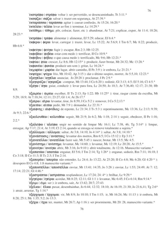 76
76
εκστρεεκστρεεκστρεεκστρεφωφωφωφω ( στρεστρεστρεστρεφωφωφωφω: voltar ): ser pervertido, se desencaminhado, Tt 3:11.*
εκσωεκσωεκσωεκσωζωζωζωζω ( σωσωσωσωζωζωζωζω: salvar ): trazer em segurança, At 27:39.*
εκταραεκταραεκταραεκταρασσωσσωσσωσσω ( ταραταραταραταρασσωσσωσσωσσω: agitar ): causar confusão, At 15:24; 16:20.*
εκτελεεκτελεεκτελεεκτελεωωωω ( τελετελετελετελεωωωω: levar ao fim ): terminar, Lc 14:29.*
εκτιεκτιεκτιεκτιθηµιθηµιθηµιθηµι ( τιτιτιτιθηµιθηµιθηµιθηµι: pôr, colocar, fazer, etc ): abandonar, At 7:21; explicar, expor, At 11:4; 18:26;
28:23.*
εκτρεεκτρεεκτρεεκτρεφωφωφωφω ( τρετρετρετρεφωφωφωφω: alimentar ): alimentar, Ef 5:29; educar, Ef 6:4.*
εκφερωεκφερωεκφερωεκφερω ( φερωφερωφερωφερω: levar, carregar ): trazer, levar, Lc 15:22; At 5:6,9; I Tm 6:7; Mc 8:22; produzir,
Hb 6:8.*
εκφευεκφευεκφευεκφευγωγωγωγω ( φευφευφευφευγωγωγωγω: fugir ): escapar, Rm 2:3; Hb 12:25.
εκφοβεεκφοβεεκφοβεεκφοβεωωωω ( φοβεφοβεφοβεφοβεωωωω: estar com medo ): terrificar, II Co 10:9.*
εεεεκφοβοκφοβοκφοβοκφοβο ( φοφοφοφοβοβοβοβο : o que causa medo ): terrificado, Mc 9:6; Hb 12:21.*
εκφυεκφυεκφυεκφυωωωω ( φυφυφυφυωωωω: crescer, Lc 8:6; Hb 12:15* ): produzir, fazer brotar, Mt 24:32; Mc 13:28.*
εκφωνεεκφωνεεκφωνεεκφωνεωωωω ( φωνεφωνεφωνεφωνεωωωω: produzir um som ): gritar, Lc 16:24.*
εκεκεκεκ ωρεωρεωρεωρεωωωω ( ωρεωρεωρεωρεωωωω: dar lugar, abrir caminho, II Pe 3:9 ): ir embora, Lc 21:21.*
εκψυεκψυεκψυεκψυχωχωχωχω ( ψυψυψυψυχωχωχωχω: frio, Mt 10:42; Ap 3:15 ): dar o último suspiro, morrer, At 5:5,10; 12:23.*
εξαγγεεξαγγεεξαγγεεξαγγελωλωλωλω ( αγγεαγγεαγγεαγγελωλωλωλω: anunciar, Jo 20:28 ): proclamar, I Pe 2:9.*
εξαγοραεξαγοραεξαγοραεξαγοραζωζωζωζω ( αγορααγορααγορααγοραζωζωζωζω : comprar, Mt 13:44; I Co 6:20 ): redimir, Gl 3:13; 4:5; Ef 5:16; Cl 4:5.*
εξαεξαεξαεξαγωγωγωγω ( ααααγωγωγωγω: guiar, conduzir ): levar para fora, Lc 24:50; Jo 10:3; At 7:36,40; 12:17; 21:38; Hb
8;9.
εξαιρεεξαιρεεξαιρεεξαιρεωωωω ( ααααιρειρειρειρεωωωω: escolher, II Ts 2:13; Fp 1:22; Hb 11:25* ): tirar, rasgar ciente da escolha, Mt
5:29; 18:9; At 7:10,34; 12:11; 23:27; Gl 1:4; At 26:17.*
εξαιεξαιεξαιεξαιρωρωρωρω ( ααααιιιιρωρωρωρω: levantar, tirar, Jo 8:59; I Co 5:2 ): remover, I Co 5:2,13.*
εξαιτεεξαιτεεξαιτεεξαιτεωωωω ( ααααιτειτειτειτεωωωω: pedir, Mt 7:9 ): demandar, Lc 22:31.*
εξαιεξαιεξαιεξαιφνηφνηφνηφνηςςςς ( ααααιφνιιφνιιφνιιφνιδιοδιοδιοδιοςςςς: de repente, Lc 21:34; I Ts 5:3 ): repentinamente, Mc 13:36; Lc 2:13; 9:39;
At 9:3; 22:6.*
εξκολουθεεξκολουθεεξκολουθεεξκολουθεωωωω ( κολουθεκολουθεκολουθεκολουθεωωωω: seguir, Mt 21:9; Jo 6:2; Mc 1:18; 2:14 ): seguir, obedecer, II Pe 1:16;
2:2.*
εξαλειεξαλειεξαλειεξαλειφωφωφωφω ( αλειαλειαλειαλειφωφωφωφω: ungir no sentido de limpar Mc 16:1; Lc 7:38, 46; Tg 5:14* ): limpar,
enxugar, Ap 7:17; 21:4; At 3:19; Cl 2:14, quando se enxuga se remove totalmente a sujeira.*
εξαεξαεξαεξαλλοµαιλλοµαιλλοµαιλλοµαι ( αλλοµαιαλλοµαιαλλοµαιαλλοµαι: saltar, At 3:8; 14:10; Jo 4:14* ): saltar, At 3:8; 14:10.*
εξαναεξαναεξαναεξαναστασιστασιστασιστασιςςςς ( αναανααναανασταισταισταισταιςςςς: levantar dos mortos, Rm 6:5; I Co 15:12 ): Fp 3:11.*
εξανατεεξανατεεξανατεεξανατελλωλλωλλωλλω ( ανατεανατεανατεανατελλωλλωλλωλλω: fazer sair, Mt 5:45 ): nascer, brotar, Mt 13:5; Mc 4:5.
εξανιεξανιεξανιεξανιστηµιστηµιστηµιστηµι ( ανιανιανιανιστηµιστηµιστηµιστηµι: levantar, Mc 14:60; ): levantar, Mc 12:19; Lc 20:28; At 15:5.*
εξανοιεξανοιεξανοιεξανοιγωγωγωγω ( ανοιανοιανοιανοιγωγωγωγω: abrir, Mt 3:16; Jo 9:10 ): abrir totalmente, At 12:16. Manuscrito variante.*
εξαπαταεξαπαταεξαπαταεξαπαταωωωω ( απατααπατααπατααπαταωωωω: enganar, Ef 5:6; I Tm 2:14; Tg 1:26* ): enganar, seduzir, Rm 7:11; 16:18; I
Co 3:18; II Co 11:3; II Ts 2:3; I Tm 2:14.
εξαπορεεξαπορεεξαπορεεξαπορεωωωω ( απορεαπορεαπορεαπορεωωωω: não entender, Lc 24:4; Jo 13:22; At 25:20; II Co 4:8; Mc 6:20; Gl 4:20 * ):
desespero II Co 4:8; 1:8 manuscrito variante.*
εξαποστεεξαποστεεξαποστεεξαποστελλωλλωλλωλλω ( αποστεαποστεαποστεαποστελλωλλωλλωλλω: enviar, Mt 13:41; 14:35; Jo 3:28 ): enviar, Lc 1:53; 24:49; At 7: 12;
17:14; 22:21; Gl 4:46.*
εξαστραεξαστραεξαστραεξαστραπτωπτωπτωπτω ( αστρααστρααστρααστραπτωπτωπτωπτω: resplandecer, Lc 17:24; 24: 4* ): brilhar, Lc 9:29.*
εξεγειεξεγειεξεγειεξεγειρωρωρωρω ( εγειεγειεγειεγειρωρωρωρω: acordar, Mt 8:25; 12:11; Gl 1:1 ): levantar, Mc 6:45; I Co 6:14; Rm 9:14.*
εεεεξειµιξειµιξειµιξειµι ( εεεειµιιµιιµιιµι: ser ): ir embora, sair, At 13:42; 20:7; 27:43.
εξεεξεεξεεξελκωλκωλκωλκω ( εεεελκωλκωλκωλκω: puxar, desembainhar, Jo 6:44; 12:32; 18:10; At 16:19; 21:30; Jo 21:6,11; Tg 2:6*
): atrair, arrastar, Tg 1:14.*
εξεεξεεξεεξερχοµαιρχοµαιρχοµαιρχοµαι ( εεεερχοµαιρχοµαιρχοµαιρχοµαι: vir, Mt 8:9; Jo 10:10; I Tm 1:15; ir, Mt 16:24; Mc 11:13 ): ir embora, Mt
8:28; 25:1; Mc 1:35; 5:2; Jo 13:3.
εξεεξεεξεεξεχωχωχωχω: ( εεεεχωχωχωχω: ter, manter, Mt 26:7; Ap 1:16 ): ser proeminente, Mt 20: 28, manuscrito variante.*
 