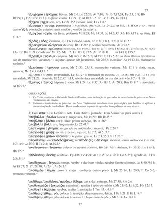 77
77
εξηγεεξηγεεξηγεεξηγεοµαιοµαιοµαιοµαι ( ηηηηγεγεγεγεοµαιοµαιοµαιοµαι: liderar, Mt 2:6; Lc 22:26; At 7:10; Hb 13:7,17,24; Fp 2:3; 3:8; Hb
10:29; Tg 1:2; II Pe 1:13 ): explicar, contar, Lc 24:35; At 10:8; 15:12, 14; 21:19; Jo 1:18 )
εξηχεεξηχεεξηχεεξηχεωωωω ( ηχωηχωηχωηχω: som, eco, Lc 21:35* ): ecoar, soar, I Ts 1:8.*
εξιεξιεξιεξιστηµιστηµιστηµιστηµι ( ιιιιστηµιστηµιστηµιστηµι: permanecer ): confundir, Mc 3:21; Lc 24:22; At 8:9, 11; II Co 5:13. Neste
caso o εξεξεξεξ de conotação exteriorizante mudou o sentido da palavra.
εξισχυεξισχυεξισχυεξισχυωωωω ( ισχυισχυισχυισχυωωωω: ser forte, poderoso, Mt 8:28; Mc 14:37; Lc 14:6; Gl 3:6; Hb 9:17 ): ser forte, Ef
3:18.*
εεεεξοδοξοδοξοδοξοδοςςςς ( οοοοδοδοδοδοςςςς: caminho, Jo 14:6 ): êxodo, saída, Lc 9:31; Hb 11:22; II Pe 1:15.*
εξολεθρευεξολεθρευεξολεθρευεξολεθρευωωωω ( οοοολεθρευλεθρευλεθρευλεθρευωωωω: destruir, Hb 11:28* ): destruir totalmente, At 3:23.*
εξοµολογεεξοµολογεεξοµολογεεξοµολογεωωωω ( οοοοµολογεµολογεµολογεµολογεωωωω: prometer, Rm 10:9; I Tm 6:12; Tt 1:16; I Jo 4:2,15; confessar, Jo 1:20;
I Jo 1:9; Rm 10:9 ): confessar, Mt 3:6; Mc 1:5; Lc 10:21; 22:6; At 19:18; R m 14:11; 15:9.*
εξορκιεξορκιεξορκιεξορκιζωζωζωζω ( ορκιορκιορκιορκιζωζωζωζω: conjurar, Mt 26:63; Mc 5:7; At 19:13; I Ts 5:27, as duas últimas referências
são de manuscritos variantes *): adjurar, acusar sob juramento, Mt 26:63; exorcisar, At 19:13,14, manuscrito
variante.*
εξορυεξορυεξορυεξορυσσωσσωσσωσσω ( ορυορυορυορυσσωσσωσσωσσω: cavar, Mt 21:33; 25:18, manuscrito variante; Mc 12:1 ): abrir, sacar,
arrancar, Mc 2:4; Gl 4:15. *
εξουσια ( ουσια: propriedade, Lc 15:12* ): liberdade de escolha, Jo 10:18; Rm 9:21; II Ts 3:9;
autoridade, Mt 21:23; domínio, Ef 2:2; Cl 1:13; submissão a autoridade do marido pelo véu, I Co 11:10.
εεεεξυπνοξυπνοξυπνοξυπνοςςςς ( υυυυπνοπνοπνοπνοςςςς [ hipnose]: sono, Mt 1:24; Lc 9:32; Jo 11:13; At 20:9; Rm 13:11* ): acordado,
At 16:27.*
OBERVAÇÕES:
1. Os * são, conforme o léxico de Frederick Danker, uma indicação de que todas as ocorrências da palavra no Novo
Testamento são citadas.
2. Estamos citando todas as palavras do Novo Testamento mescladas com preposições para facilitar e agilizar a
memorização do vocabulário. Desse modo somos capazes de aprender duas palavras de uma só vez.
3) Com αποαποαποαπο ( Com Genitivo: sob. Com Dativo: junto de. Com Acusativo: para, contra ):
αποβααποβααποβααποβαλλωλλωλλωλλω ( βαβαβαβαλλωλλωλλωλλω: lançar ): lançar fora, Mc 10:50; Hb 10:35.*
αποβλεαποβλεαποβλεαποβλεπωπωπωπω ( βλεβλεβλεβλεπωπωπωπω: ver ): olhar, prestar atenção, Hb 11:26.*
αποβοληαποβοληαποβοληαποβολη ( βοληβοληβοληβολη: tiro, lançamento, Lc 22:41.*
απογιαπογιαπογιαπογινοµαινοµαινοµαινοµαι ( γιγιγιγινοµαινοµαινοµαινοµαι: ser gerado ou produzido ): morrer, I Pe 2:24.*
απογραφηαπογραφηαπογραφηαπογραφη ( γραφηγραφηγραφηγραφη: escrito ): censo, registro, Lc 2:2; At 5:23.*
απογρααπογρααπογρααπογραφωφωφωφω ( γραγραγραγραφωφωφωφω: escrever ): registrar, gravar, Lc 2:1,3,5; Hb 12:23.*
αποδειαποδειαποδειαποδεικνυµικνυµικνυµικνυµι ou αποδεδειγµεαποδεδειγµεαποδεδειγµεαποδεδειγµενονονονοςςςς ou αποαποαποαποδειξιδειξιδειξιδειξιςςςς ( δειδειδειδεικνυµικνυµικνυµικνυµι: mostrar, tornar conhecido ): exibir,
I Co 4:9; At 25:7; II Ts 2:4; At 2:22.*
αποδεκατοαποδεκατοαποδεκατοαποδεκατοωωωω ( δεκατοδεκατοδεκατοδεκατοωωωω: coletar ou receber dízimos, Hb 7:6; 7:9 ): dizimar, Mt 23:23; Lc 11:42;
Hb 7:5.*
αποαποαποαποδεκτοδεκτοδεκτοδεκτοςςςς ( δεκτοδεκτοδεκτοδεκτοςςςς: aceitável, Fp 4:18; Lc 4:24; At 10:35; Lc 4:19; II Co 6:2* ): agradável, I Tm
2:3; 5:4.*
αποδεαποδεαποδεαποδεχοµαιχοµαιχοµαιχοµαι ( δεδεδεδεχοµαιχοµαιχοµαιχοµαι: tomar, receber ): dar boas vindas, receber favoravelmente, Lc 8:40; 9:11;
At 18:27; 21:17; 28:30; At 2:41; At 24:3.*
αποδηµεαποδηµεαποδηµεαποδηµεωωωω ( δηδηδηδηµοµοµοµο : povo ): viajar [ conhecer outros povos ], Mt 25:14; Lc 20:9; II Co 5:6,
versículo variante.*
απδιαπδιαπδιαπδιδωµιδωµιδωµιδωµι, αποδιδουαποδιδουαποδιδουαποδιδουνννν, αποαποαποαποδοδοδοδοςςςς ( διδιδιδιδωµιδωµιδωµιδωµι: dar ): dar, entregar, Mt 27:58; Rm 2:6.
αποδοκιµααποδοκιµααποδοκιµααποδοκιµαζωζωζωζω ( δοκιµαδοκιµαδοκιµαδοκιµαζωζωζωζω: examinar ): rejeitar ( após escrutínio ), Mt 21:42; Lc 9:22; Hb 12:17.
αποδοχηαποδοχηαποδοχηαποδοχη ( δεχοδεχοδεχοδεχοµαιµαιµαιµαι: receber, aceitar ): aceitação, I Tm 1:15; 4:9.*
αποαποαποαποθεσιθεσιθεσιθεσιςςςς (τιτιτιτιθηµιθηµιθηµιθηµι: pôr, colocar ): remoção, despojamento, deixar, I Pe 3:21; II Pe 1:14.*
αποθηαποθηαποθηαποθηκηκηκηκη (τιτιτιτιθηµιθηµιθηµιθηµι: pôr, colocar ): celeiro ( o lugar onde de põe ), Mt 3:12; Lc 12:18.
 