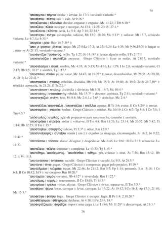 79
79
αποπεαποπεαποπεαποπεµτωµτωµτωµτω ( πεπεπεπεµτωµτωµτωµτω: enviar ): enviar, Jo 17:3, versículo variante.*
αποπιαποπιαποπιαποπιπτωπτωπτωπτω ( πιπιπιπιπτωπτωπτωπτω: cair ): cair, At 9:18.*
αποπλανααποπλανααποπλανααποπλαναωωωω ( πλαναπλαναπλαναπλαναωωωω: desviar, enganar ): enganar, Mc 13:22; I Tm 6:10.*
αποπλεαποπλεαποπλεαποπλεωωωω ( πλεπλεπλεπλεωωωω: navegar ): navegar, At 13:4; 14:26; 20:15; 27:1.*
αποπλυαποπλυαποπλυαποπλυνωνωνωνω ( πλυπλυπλυπλυνωνωνωνω: lavar, Lc 5:1; Ap 7:14; 22:14.*
αποπνιαποπνιαποπνιαποπνιγωγωγωγω ( πνιπνιπνιπνιγωγωγωγω: estrangular, sufocar, Mt 13:7; 18:28; Mc 5:13* ): sufocar, Mt 13:7, versículo
variante, Lc 8:7; Lc 8:33.*
απορεαπορεαπορεαπορεωωωω ( ρερερερεωωωω: fluir, Jo 7:38* ):
αποαποαποαπο( ρρρρ )ριριριριπτωπτωπτωπτω ( ρρρριιιιπτωπτωπτωπτω: lançar, Mt 27:5;Lc 17:2; At 27:19,29; Lc 4:35; Mt 9:36;15:30 ): lançar-se
, atirar-se At 21:15, versículo variante.*
αποφανιαποφανιαποφανιαποφανιζωζωζωζω ( ορφανοορφανοορφανοορφανοςςςς: orfão, Tg 1:27; Jo 14:18* ): deixar alguém orfão, I Ts 2:17.*
αποσκευααποσκευααποσκευααποσκευαζωζωζωζω ( σκευασκευασκευασκευαζωζωζωζω: preparar. Grego Clássico ): fazer as malas, At 21:15, versículo
variante.*
αποσκιαποσκιαποσκιαποσκιασµαασµαασµαασµα ( σκιασκιασκιασκια: sombra, Mc 4:33; At 5:15; Mt 4:16; Lc 1:79; I Jo 2:8, versículo variante, Cl
2:17; Hb 8:5; 10:1* ): sombra, Tg 1:17.*
αποσπααποσπααποσπααποσπαωωωω ( σπασπασπασπαωωωω: puxar, sacar, Mc 14:47; At 16:27* ): puxar, desembainhar, Mt 26:51; At 20:30;
At 21:1; Lc 22:41.*
αποστασιαποστασιαποστασιαποστασιαααα ( σταστασταστασισισισιςςςς: rebelião, discódia, Hb 9:8; Mc 15:7; At 19:40; At 15:2; 24:5; 23:7,10* ):
rebelião, apostasia, At 21:21; II Ts 2:3.*
αποστααποστααποστααποστασιονσιονσιονσιον ( σταστασταστασισισισιςςςς: discórdia ): divórcio, Mt 5:31; 19:7; Mc 10:4.*
αποστααποστααποστααποστατητητητηςςςς ( στασιαστηστασιαστηστασιαστηστασιαστηςςςς: rebelde, Mc 15:7* ): desertor, apóstata, Tg 2:11, versículo variante.*
αποστεγααποστεγααποστεγααποστεγαζωζωζωζω ( στεστεστεστεγηγηγηγη: teto, Mt 8:8; Mc 2:4; Lc 7:6* ): destelhar, Mc 2:4.*
αποστεαποστεαποστεαποστελλωλλωλλωλλω, αποσταλωαποσταλωαποσταλωαποσταλω , αποστειαποστειαποστειαποστειλαιλαιλαιλαι ( στεστεστεστελλωλλωλλωλλω: apartar, II Ts 3:6; evitar, II Co 8:20* ): enviar.
αποστερεαποστερεαποστερεαποστερεωωωω ( στερεστερεστερεστερεωωωω: roubar. Grego Clássico ): roubar, Mc 10:19; I Co 6:7; Tg 5:4; I Co 7:5; I
Tm 6:5.*
αποαποαποαποστολοστολοστολοστολοςςςς ( στοστοστοστολολολολοςςςς: ação de preparar-se para uma marcha, caminho ): enviado.
αποστρεαποστρεαποστρεαποστρεφωφωφωφω ( στρεστρεστρεστρεφωφωφωφω: voltar ): voltar-se, II Tm 4:4; Rm 11:26; Lc 23:14; Mt 26:52; Mt 5:42; Tt
1:14; Hb 12:25; II Tm 1:15.*
αποστυγεαποστυγεαποστυγεαποστυγεωωωω ( στυγητοστυγητοστυγητοστυγητοςςςς: odioso, Tt 3:3* ): odiar, Rm 12:9.*
αποσυνααποσυνααποσυνααποσυναγωγογωγογωγογωγοςςςς ( συνασυνασυνασυναγωγωγωγω: reunir [ em ] ): expulso da sinagoga, excomungado, Jo 16:2; Jo 9:22;
12:42.*
αποτααποτααποτααποτασσωσσωσσωσσω ( τατατατασσωσσωσσωσσω: alocar, designar ): despedir-se, Mc 6:46; Lc 9:61; II Co 2:13; renunciar, Lc
14:33.
αποτελεαποτελεαποτελεαποτελεωωωω ( τελετελετελετελεωωωω: terminar ): completar, Lc 13:32; Tg 1:15.*
αποτιαποτιαποτιαποτιθηµιθηµιθηµιθηµι, αποθεαποθεαποθεαποθεµενοµενοµενοµενοςςςς, αποθεαποθεαποθεαποθεσθαισθαισθαισθαι ( τιθηµιτιθηµιτιθηµιτιθηµι: pôr, colocar ): tirar, At 7:58; Rm 13:12; Hb
12:1; Mt 14:3.
αποτινααποτινααποτινααποτινασσωσσωσσωσσω ( τινατινατινατινασσωσσωσσωσσω: sacudir. Grego Clássico ): sacudir, Lc 9:5; At 28:5.*
αποτιαποτιαποτιαποτινωνωνωνω ( τιτιτιτινωνωνωνω: pagar. Grego Clássico ): compensar, pagar pelo prejuízo, Fl 19.*
αποτολµααποτολµααποτολµααποτολµαωωωω ( τολµατολµατολµατολµαωωωω: ousar, Mt 22:46; Jo 21:12; Rm 5:7; Fp 1:14; presumir, Rm 15:18; I Co
6:1; II Co 10:12; Jd 9 ): ser corajoso, Rm 10:20.*
αποτοµιαποτοµιαποτοµιαποτοµιαααα ( τοµοτοµοτοµοτοµο : cortante, Hb 4:12* ): severidade, Rm 11:22.*
αποτοαποτοαποτοαποτοµωµωµωµωςςςς ( τοµοτοµοτοµοτοµοςςςς ): severamente, II Co 13:10; Tt 1:13.*
αποτρεαποτρεαποτρεαποτρεπωπωπωπω ( τρετρετρετρεπωπωπωπω: voltar, afastar. Grego Clássico ): evitar, separar-se, II Tm 3:5.*
αποφεαποφεαποφεαποφερωρωρωρω ( φεφεφεφερωρωρωρω: levar, carregar ): levar, carregar, Lc 16:22; At 19:12; I Co 16:3; Ap 17:3; 21:10;
Mc 15:1.*
αποφευαποφευαποφευαποφευγωγωγωγω ( φευφευφευφευγωγωγωγω: fugir. Grego Clássico ): escapar, fugir, II Pe 1:4; 2:18,20.*
αποφθεαποφθεαποφθεαποφθεγγοµαιγγοµαιγγοµαιγγοµαι ( φθεφθεφθεφθεγγοµαιγγοµαιγγοµαιγγοµαι: declarar, At 4:18; II Pe 2:16, 18.*
αποφορτιαποφορτιαποφορτιαποφορτιζοµαιζοµαιζοµαιζοµαι ( φορτιφορτιφορτιφορτιζωζωζωζω: impor ( uma carga ), Lc 11:46; Mt 11:28* ): descarregar, At 21:3.*
 