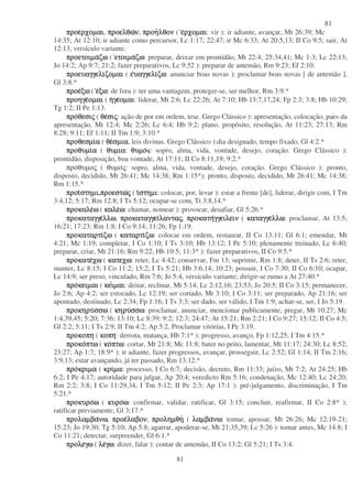 81
81
προεπροεπροεπροερχοµαιρχοµαιρχοµαιρχοµαι, προελθωπροελθωπροελθωπροελθωνννν, προηπροηπροηπροηλθονλθονλθονλθον ( εεεερχοµαιρχοµαιρχοµαιρχοµαι: vir ): ir adiante, avançar, Mt 26:39; Mc
14:35; At 12:10; ir adiante como percursor, Lc 1:17; 22:47; ir Mc 6:33; At 20:5,13; II Co 9:5; sair, At
12:13, versículo variante.
προετοιµαπροετοιµαπροετοιµαπροετοιµαζωζωζωζω ( ετοιµαετοιµαετοιµαετοιµαζωζωζωζω: preparar, deixar em prontidão, Mt 22:4; 25:34,41; Mc 1:3; Lc 22:13;
Jo 14:2; Ap 9:7; 21:2; fazer preparativos, Lc 9:52 ): preparar de antemão, Rm 9:23; Ef 2:10.
προευαγγελιπροευαγγελιπροευαγγελιπροευαγγελιζοµαιζοµαιζοµαιζοµαι ( εεεευαγγελιυαγγελιυαγγελιυαγγελιζωζωζωζω: anunciar boas novas ): proclamar boas novas [ de antemão ],
Gl 3:8.*
προεπροεπροεπροεξωξωξωξω ( εεεεξωξωξωξω: de fora ): ter uma vantagem, proteger-se, ser melhor, Rm 3:9.*
προηγεπροηγεπροηγεπροηγεοµαιοµαιοµαιοµαι ( ηηηηγεγεγεγεοµαιοµαιοµαιοµαι: liderar, Mt 2:6; Lc 22:26; At 7:10; Hb 13:7,17,24; Fp 2:3; 3:8; Hb 10:29;
Tg 1:2; II Pe 1:13.
προπροπροπροθεσιθεσιθεσιθεσιςςςς ( θεθεθεθεσισισισιςςςς: ação de por em ordem, tese. Grego Clássico ): apresentação, colocação, paes da
apresentação, Mt 12:4; Mc 2:26; Lc 6:4; Hb 9:2; plano, propósito, resolução, At 11:23; 27:13; Rm
8:28; 9:11; Ef 1:11; II Tm 1:9; 3:10.*
προθεσµιπροθεσµιπροθεσµιπροθεσµιαααα ( θεθεθεθεσµιασµιασµιασµια, leis divinas. Grego Clássico ):dia designado, tempo fixado, Gl 4:2.*
προθυµιπροθυµιπροθυµιπροθυµιαααα ( θυµιαθυµιαθυµιαθυµια: θυµοθυµοθυµοθυµο : sopro, alma, vida, vontade, desejo, coração. Grego Clássico ):
prontidão, disposição, boa vontade, At 17:11; II Co 8:11,19; 9:2.*
προθυµος ( θυµος: sopro, alma, vida, vontade, desejo, coração. Grego Clássico ): pronto,
disposto, decidido, Mt 26:41; Mc 14:38; Rm 1:15*): pronto, disposto, decidido, Mt 26:41; Mc 14:38;
Rm 1:15.*
προιπροιπροιπροιστηµιστηµιστηµιστηµι,προεστωπροεστωπροεστωπροεστωςςςς ( ιιιιστηµιστηµιστηµιστηµι: colocar, por, levar ): estar a frente [de], liderar, dirigir com, I Tm
3:4,12; 5:17; Rm 12:8; I Ts 5:12; ocupar-se com, Tt 3:8,14.*
προκαλεπροκαλεπροκαλεπροκαλεωωωω ( καλεκαλεκαλεκαλεωωωω: chamar, nomear ): provocar, desafiar, Gl 5:26.*
προκαταγγεπροκαταγγεπροκαταγγεπροκαταγγελλωλλωλλωλλω, προκαταγγειπροκαταγγειπροκαταγγειπροκαταγγειλανταλανταλανταλανταςςςς, προκατηπροκατηπροκατηπροκατηγγειλεινγγειλεινγγειλεινγγειλειν ( καταγγεκαταγγεκαταγγεκαταγγελλωλλωλλωλλω: proclamar, At 13:5;
16:21; 17:23; Rm 1:8; I Co 9:14; 11:26; Fp 1:19.
προκαταρτιπροκαταρτιπροκαταρτιπροκαταρτιζωζωζωζω ( καταρτικαταρτικαταρτικαταρτιζωζωζωζω: colocar em ordem, restaurar, II Co 13:11; Gl 6:1; emendar, Mt
4:21; Mc 1:19; completar, I Co 1:10; I Ts 3:10; Hb 13:12; I Pe 5:10; plenamente treinado, Lc 6:40;
preparar, criar, Mt 21:16; Rm 9:22; Hb 10:5; 11:3* ): fazer preparativos, II Co 9:5.*
προκατεπροκατεπροκατεπροκατεχωχωχωχω ( κατεχωκατεχωκατεχωκατεχω: reter, Lc 4:42; conservar, Fm 13; suprimir, Rm 1:8; deter, II Ts 2:6; reter,
manter, Lc 8:15; I Co 11:2; 15:2; I Ts 5:21; Hb 3:6,14; 10:23; possuir, I Co 7:30; II Co 6:10; ocupar,
Lc 14:9; ser preso, vinculado, Rm 7:6; Jo 5:4, versículo variante; dirigir-se rumo a At 27:40.*
προπροπροπροκειµαικειµαικειµαικειµαι ( κεικεικεικειµαιµαιµαιµαι: deitar, reclinar, Mt 5:14; Lc 2:12,16; 23:53; Jo 20:5; II Co 3:15; permanecer,
Jo 2:6; Ap 4:2; ser estocado, Lc 12:19; ser cortado, Mt 3:10; I Co 3:11; ser preparado, Ap 21:16; ser
apontado, destinado, Lc 2:34; Fp 1:16; I Ts 3:3; ser dado, ser válido, I Tm 1:9; achar-se, ser, I Jo 5:19.
προκηρυπροκηρυπροκηρυπροκηρυσσωσσωσσωσσω ( κηρυκηρυκηρυκηρυσσωσσωσσωσσω: proclamar, anunciar, mencionar publicamente, pregar, Mt 10:27; Mc
1:4,39,45; 5:20; 7:36; 13:10; Lc 8:39; 9:2; 12:3; 24:47; At 15:21; Rm 2:21; I Co 9:27; 15:12; II Co 4:5;
Gl 2:2; 5:11; I Ts 2:9; II Tm 4:2; Ap 5:2. Proclamar vitórias, I Pe 3:19.
προκοπηπροκοπηπροκοπηπροκοπη ( κοπηκοπηκοπηκοπη: derrota, matança, Hb 7:1* ): progresso, avanço, Fp 1:12,25; I Tm 4:15.*
προκοπροκοπροκοπροκοπτωπτωπτωπτω ( κοκοκοκοπτωπτωπτωπτω: cortar, Mt 21:8; Mc 11:8; bater no peito, lamentar, Mt 11:17; 24:30; Lc 8:52;
23:27; Ap 1:7; 18:9* ): ir adiante, fazer progressos, avançar, prosseguir, Lc 2:52; Gl 1:14; II Tm 2:16;
3:9,13; estar avançando, já ter passado, Rm 13:12.*
προπροπροπροκριµακριµακριµακριµα ( κρικρικρικριµαµαµαµα: processo, I Co 6:7; decisão, decreto, Rm 11:33; juízo, Mt 7:2; At 24:25; Hb
6:2; I Pe 4:17; autoridade para julgar, Ap 20:4; veredicto Rm 5:16; condenação, Mc 12:40; Lc 24:20;
Rm 2:2; 3:8; I Co 11:29,34; I Tm 5:12; II Pe 2:3; Ap 17:1 ): pré-julgamento, discriminação, I Tm
5:21.*
προκυροπροκυροπροκυροπροκυροωωωω ( κυροκυροκυροκυροωωωω: confirmar, validar, ratificar, Gl 3:15; concluir, reafirmar, II Co 2:8* ):
ratificar previamente, Gl 3;17.*
προλαµβαπρολαµβαπρολαµβαπρολαµβανωνωνωνω, προεπροεπροεπροελαβονλαβονλαβονλαβον, προληµθηπροληµθηπροληµθηπροληµθη ( λαµβαλαµβαλαµβαλαµβανωνωνωνω: tomar, apossar, Mt 26:26; Mc 12:19-21;
15:23; Jo 19:30; Tg 5:10; Ap 5:8; agarrar, apoderar-se, Mt 21:35,39; Lc 5:26 ): tomar antes, Mc 14:8; I
Co 11:21; detectar, surpreender, Gl 6:1.*
προλεπρολεπρολεπρολεγωγωγωγω ( λελελελεγωγωγωγω: dizer, falar ): contar de antemão, II Co 13:2; Gl 5:21; I Ts 3:4.
 