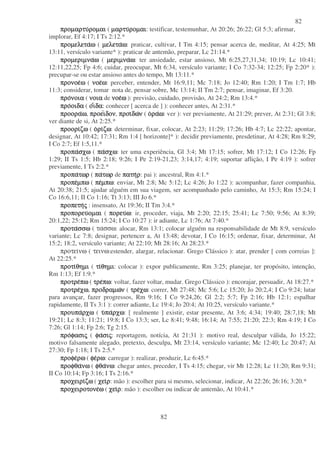 82
82
προµαρτυπροµαρτυπροµαρτυπροµαρτυροµαιροµαιροµαιροµαι ( µαρτυµαρτυµαρτυµαρτυροµαιροµαιροµαιροµαι: testificar, testemunhar, At 20:26; 26:22; Gl 5:3; afirmar,
implorar, Ef 4:17; I Ts 2:12.*
προµελεταπροµελεταπροµελεταπροµελεταωωωω ( µελεταµελεταµελεταµελεταωωωω: praticar, cultivar, I Tm 4:15; pensar acerca de, meditar, At 4:25; Mt
13:11, versículo variante* ): praticar de antemão, preparar, Lc 21:14.*
προµεριµναπροµεριµναπροµεριµναπροµεριµναωωωω ( µεριµναµεριµναµεριµναµεριµναωωωω: ter ansiedade, estar ansioso, Mt 6:25,27,31,34; 10:19; Lc 10:41;
12:11,22,25; Fp 4:6; cuidar, preocupar, Mt 6:34, versículo variante; I Co 7:32-34; 12:25; Fp 2:20* ):
precupar-se ou estar ansioso antes do tempo, Mt 13:11.*
προνοεπρονοεπρονοεπρονοεωωωω ( νοενοενοενοεωωωω: perceber, entender, Mt 16:9,11; Mc 7:18; Jo 12:40; Rm 1:20; I Tm 1:7; Hb
11:3; considerar, tomar nota de, pensar sobre, Mc 13:14; II Tm 2:7; pensar, imaginar, Ef 3:20.
προπροπροπρονοιανοιανοιανοια ( νοιανοιανοιανοια de νοενοενοενοεωωωω ): previsão, cuidado, provisão, At 24:2; Rm 13:4.*
προπροπροπροοιδαοιδαοιδαοιδα ( οοοοιιιιδαδαδαδα: conhecer [ acerca de ] ): conhecer antes, At 2:31.*
προοραπροοραπροοραπροοραωωωω, προειπροειπροειπροειδονδονδονδον, προιπροιπροιπροιδωδωδωδωνννν ( οοοοραραραραωωωω: ver ): ver previamente, At 21:29; prever, At 2:31; Gl 3:8;
ver diante de si, At 2:25.*
προοριπροοριπροοριπροοριζωζωζωζω ( οοοοριριριριζωζωζωζω: determinar, fixar, colocar, At 2:23; 11:29; 17:26; Hb 4:7; Lc 22:22; apontar,
designar, At 10:42; 17:31; Rm 1:4 [ horizonte]* ): decidir previamente, presdetinar, At 4:28; Rm 8:29;
I Co 2:7; Ef 1:5,11.*
προπαπροπαπροπαπροπασχωσχωσχωσχω ( παπαπαπασχωσχωσχωσχω: ter uma experiência, Gl 3:4; Mt 17:15; sofrer, Mt 17:12; I Co 12:26; Fp
1:29; II Ts 1:5; Hb 2:18; 9:26; I Pe 2:19-21,23; 3:14,17; 4:19; suportar aflição, I Pe 4:19 ): sofrer
previamente, I Ts 2:2.*
προπαπροπαπροπαπροπατωρτωρτωρτωρ ( παπαπαπατωρτωρτωρτωρ de πατηπατηπατηπατηρρρρ: pai ): ancestral, Rm 4:1.*
προπεπροπεπροπεπροπεµπωµπωµπωµπω ( πεπεπεπεµπωµπωµπωµπω: enviar, Mt 2:8; Mc 5:12; Lc 4:26; Jo 1:22 ): acompanhar, fazer companhia,
At 20:38; 21:5; ajudar alguém em sua viagem, ser acompanhado pelo caminho, At 15:3; Rm 15:24; I
Co 16:6,11; II Co 1:16; Tt 3:13; III Jo 6.*
προπετηπροπετηπροπετηπροπετηςςςς : insensato, At 19:36; II Tm 3:4.*
προπορευπροπορευπροπορευπροπορευοµαιοµαιοµαιοµαι ( πορευπορευπορευπορευωωωω: ir, proceder, viaja, Mt 2:20; 22:15; 25:41; Lc 7:50; 9:56; At 8:39;
20:1,22; 25:12; Rm 15:24; I Co 10:27 ): ir adiante, Lc 1:76; At 7:40.*
προταπροταπροταπροτασσωσσωσσωσσω ( τασσω: alocar, Rm 13:1; colocar alguém na responsabilidade de Mt 8:9, versículo
variante; Lc 7:8; designar, pertencer a, At 13:48; devotar, I Co 16:15; ordenar, fixar, determinar, At
15:2; 18:2, versículo variante; At 22:10; Mt 28:16; At 28:23.*
προτεινω ( τεινω:estender, alargar, relacionar. Grego Clássico ): atar, prender [ com correias ]:
At 22:25.*
προτιπροτιπροτιπροτιθηµιθηµιθηµιθηµι ( τιτιτιτιθηµιθηµιθηµιθηµι: colocar ): expor publicamente, Rm 3:25; planejar, ter propósito, intenção,
Rm 1:13; Ef 1:9.*
προτρεπροτρεπροτρεπροτρεπωπωπωπω ( τρετρετρετρεπωπωπωπω: voltar, fazer voltar, mudar. Grego Clássico ): encorajar, persuadir, At 18:27.*
προτρεπροτρεπροτρεπροτρεχωχωχωχω, προδραµωπροδραµωπροδραµωπροδραµωνννν ( τρετρετρετρεχωχωχωχω: correr, Mt 27:48; Mc 5:6; Lc 15:20; Jo 20:2,4; I Co 9:24; lutar
para avançar, fazer progressos, Rm 9:16; I Co 9:24,26; Gl 2:2; 5:7; Fp 2:16; Hb 12:1; espalhar
rapidamente, II Ts 3:1 ): correr adiante, Lc 19:4; Jo 20:4; At 10:25, versículo variante.*
προυπαπρουπαπρουπαπρουπαρχωρχωρχωρχω ( υυυυπαπαπαπαρχωρχωρχωρχω: [ realmente ] existir, estar presente, At 3:6; 4:34; 19:40; 28:7,18; Mt
19:21; Lc 8:3; 11:21; 19:8; I Co 13:3; ser, Lc 8:41; 9:48; 16:14; At 7:55; 21:20; 22:3; Rm 4:19; I Co
7:26; Gl 1:14; Fp 2:6; Tg 2:15.
προπροπροπροφασιφασιφασιφασιςςςς ( φαφαφαφασισισισιςςςς: reportagem, notícia, At 21:31 ): motivo real, desculpar válida, Jo 15:22;
motivo falsamente alegado, pretexto, desculpa, Mt 23:14, versículo variante; Mc 12:40; Lc 20:47; At
27:30; Fp 1:18; I Ts 2:5.*
προφεπροφεπροφεπροφερωρωρωρω ( φεφεφεφερωρωρωρω: carregar ): realizar, produzir, Lc 6:45.*
προφθαπροφθαπροφθαπροφθανωνωνωνω ( φθαφθαφθαφθανωνωνωνω: chegar antes, preceder, I Ts 4:15; chegar, vir Mt 12:28; Lc 11:20; Rm 9:31;
II Co 10:14; Fp 3:16; I Ts 2:16.*
προχειριπροχειριπροχειριπροχειριζωζωζωζω ( χειχειχειχειρρρρ: mão ): escolher para si mesmo, selecionar, indicar, At 22:26; 26:16; 3:20.*
προχειροτονεπροχειροτονεπροχειροτονεπροχειροτονεωωωω ( χειχειχειχειρρρρ: mão ): escolher ou indicar de antemão, At 10:41.*
 