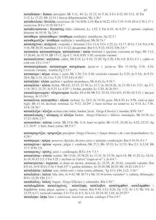 87
87
καταδιωκαταδιωκαταδιωκαταδιωκωκωκωκω ( διωδιωδιωδιωκωκωκωκω: perseguir, Mt 5:11, 44; Lc 21:12; Jo 5:16; I Co 4:12; Gl 5:11; II Tm
3:12; Lc 17:23; Hb 12:14 ): buscar diligentemente, Mc 1:36.*
καταδουλοκαταδουλοκαταδουλοκαταδουλοωωωω ( δουλοδουλοδουλοδουλοωωωω: escravizar, At 7:6; II Pe 2:19; Rm 6:18,22; I Co 7:15; 9:19; Gl 4:3; Tt 2:3* ):
escravizar, II Co 11:20; Gl 2:4.*
καταδυναστευκαταδυναστευκαταδυναστευκαταδυναστευωωωω ( δυναδυναδυναδυναστηστηστηστηςςςς: líder, soberano, Lc 1:52; I Tm 6:15; At 8:27* ): oprimir, explorar,
dominar At 10:38; Tg 2:6.*
κατακατακατακαταθεµαθεµαθεµαθεµα, κατανακατανακατανακαταναθεµαθεµαθεµαθεµα ( ανανανανααααθεµαθεµαθεµαθεµα: maldição): amaldiçoar, Ap 22:3.*
καταθεµατικαταθεµατικαταθεµατικαταθεµατιζωζωζωζω ( ανανανανααααθεµαθεµαθεµαθεµα: maldição ): amaldiçoar, Mt 26:74.*
κατακατακατακαταισχυισχυισχυισχυνωνωνωνω ( ααααισχυισχυισχυισχυνηνηνηνη: vergonha ): desonrar, I Co 11:4; I Co 1:27; Lc 13:17; II Co 7:14; 9:4; I Pe
3:16; Mt 20:28; humilhar, I Co 11:22; desapontar, Rm 5:5; 9:33; 10:11; I Pe 2:6.*
κατακαικατακαικατακαικατακαιωωωω, κατακαηκατακαηκατακαηκατακαησοµαισοµαισοµαισοµαι, κατακαυκατακαυκατακαυκατακαυσαισαισαισαι ( καικαικαικαιωωωω: iluminar ): queimar, consumir no fogo, Mt 3:12;
13:30,40; At 19:19; Hb 13:11; Ap 8:7; 18:8; II Pe 3:10, versículo variante.
κατακαλυκατακαλυκατακαλυκατακαλυπτωπτωπτωπτω ( καλυκαλυκαλυκαλυπτωπτωπτωπτω: cobrir, Mt 8:24; Lc 8:16; 23:30; Tg 5:20; I Pe 4:8; II Co 4:3 ): cobrir-se
com véu, I Co 11:6.*
κατακαυχακατακαυχακατακαυχακατακαυχαοµαιοµαιοµαιοµαι, κατακαυχωκατακαυχωκατακαυχωκατακαυχω( καυχακαυχακαυχακαυχαοµαιοµαιοµαιοµαι: jactar-se ): jactar-se, Rm 11:18;Tg 3:14; 4:16,
versículo variante; triunfar,Tg 2:13.*
κατακατακατακατακειµακειµακειµακειµα ( κεικεικεικειµαµαµαµα: deitar ): jazer, Mc 1:30; 2:4; 5:40, versículo variante; Lc 5:25; Jo 5:3,6; At 9:33;
28:8; Mc 2:15; 14:3; Lc 5:29; 7:37; I Co 8:10.*
κατακλακατακλακατακλακατακλαωωωω ( κλακλακλακλαωωωω: quebrar ): quebrar em pedaços, Mc 6:41; Lc 9:16.*
κατακλεικατακλεικατακλεικατακλειωωωω ( κλεικλεικλεικλειωωωω: fechar, Mt 6:6; 23:13; 25:10; Lc 11:7; Jo 20:19,26; At 21:30; I Jo 3:17; Ap 3:7;
11:6; 20:3; 21:25; At 5:23; Lc 4:25* ): fechar, prender, Lc 3:20; At 26:10.*
κατακληρονοµεκατακληρονοµεκατακληρονοµεκατακληρονοµεωωωω ( κληρονοµεκληρονοµεκληρονοµεκληρονοµεωωωω: herdar, Gl 4:30; Mt 5:5; 25:34; I Co 6:9; 15:50; Gl 5:21 ): dar por
herança, At 13:19.*
κατακλικατακλικατακλικατακλινωνωνωνω, κατεκρικατεκρικατεκρικατεκριθηνθηνθηνθην ( κλικλικλικλινωνωνωνω: inclinar, Lc 24:5; Jo 19:30; jazer, Mt 8:20; Lc 9:58; virar-se para
fugir, Hb 11:34; declinar, terminar, Lc 9:12; 24:29* ): fazer reclinar ou sentar-se, Lc 9:14; Lc 7:36;
14:8; 24:30.*
κατακλυκατακλυκατακλυκατακλυζωζωζωζω ( κλυκλυκλυκλυζωζωζωζω: acoitar com ondas, banhar, lavar. Grego Clássico ): inundar, II Pe 3:6.*
κατακλυσµοκατακλυσµοκατακλυσµοκατακλυσµοςςςς ( κλυκλυκλυκλυσµασµασµασµαςςςς de κλυκλυκλυκλυζωζωζωζω: banhar. Grego Clássico ): dilúvio, inundação, Mt 24:38; Lc
17:27; II Pe 2:5.*
κατακοκατακοκατακοκατακοπτωπτωπτωπτω ( κοκοκοκοπτωπτωπτωπτω: cortar, Mt 21:8; Mc 11:8; bater no peito, Mt 11:17; 24:30; Lc 8:52; 23:27; Ap
1:7; 18:9* ): ferir, bater, cortar, Mt 5:5.*
κατακρηµνικατακρηµνικατακρηµνικατακρηµνιζωζωζωζω ( κρηµνικρηµνικρηµνικρηµνιζωζωζωζω: precipitar. Grego Clássico ): lançar abaixo ( de ) um despenhadeiro, Lc
4:29.*
κατακατακατακατακριµακριµακριµακριµα ( κρικρικρικριµαµαµαµα: processo, decisão, decreto, juízo ): punição, condenação, Rm 5:16,18; 8:1.*
κατακρικατακρικατακρικατακρινωνωνωνω ( κρικρικρικρινωνωνωνω: separar, julgar ): condenar, Mt 27:3; Mc 10:33; Lc 11:31; Rm 2:1; 8:3,34; Hb
11:7; II Pe 2:6.
κατακρισικατακρισικατακρισικατακρισιςςςς ( κρικρικρικρισισισισιςςςς: juízo ): condenação, II Co 3:9; 7:3.*
κατακυκατακυκατακυκατακυπτωπτωπτωπτω ( κυκυκυκυπτωπτωπτωπτω: ocultar, Mt 13:44; 25:18,25; Lc 13:21; Jo 12:36; Ap 6:15; Mt 11:25; Lc 18:34;
Jo 19:38; Cl 3:3; I Tm 5:25 ): inclinar-se ( talvez “esquivar-se” ), Jo 8:8.*
κατακυριευκατακυριευκατακυριευκατακυριευωωωω ( κυριευκυριευκυριευκυριευωωωω: se dono ou mestre, dominar, Lc 22:25; At 19:16, versículo variante; Rm
6:9,14; 14:9; II Co 1:24; I Tm6:15* ): ganhar domínio, At 19:16; Mt 20:25; Mc 10:42; I Pe 5:3.*
καταλαλεκαταλαλεκαταλαλεκαταλαλεωωωω ( λαλελαλελαλελαλεωωωω: soar, emitir sons ): falar contra, difamar, Tg 4:11; I Pe 2:12; 3:16.*
καταλαλιακαταλαλιακαταλαλιακαταλαλια ( λαλιαλαλιαλαλιαλαλια: fala, dito, Jo 4:42; Mt 26:73 e Mc 15:34 textos variantes* ): calúnia, difamação,
II Co 12:20; I Pe 2:1.*
κατακατακατακαταλαλολαλολαλολαλοςςςς ( λαλολαλολαλολαλοςςςς: loquaz. Grego Clássico ): caluniador, Rm 1:30.*
καταλαµβακαταλαµβακαταλαµβακαταλαµβανωνωνωνω, κατειληµεκατειληµεκατειληµεκατειληµενονονονοςςςς, κατεικατεικατεικατειληφαληφαληφαληφα, κατεκατεκατεκατελαβονλαβονλαβονλαβον, κατεληκατεληκατεληκατεληµφθηνµφθηνµφθηνµφθην, κατεληκατεληκατεληκατεληµφθηνµφθηνµφθηνµφθην (
λαµβανω: toma, pegar, agarrar ): agarra, vencer, Rm 9:30; I Co 9:24; Fp 3:12; Jo 1:5; Mc 9:8; Jo
12:35; 6:17, versículo variante; I Ts 5:4; Jo 8:3; At 4;13; 10:34; Ef 3:18; At 25:25.*
καταλεκαταλεκαταλεκαταλεγωγωγωγω ( λελελελεγωγωγωγω: falar ): selecionar, inscrever, arrolar, catálogo, I Tm 5:9.*
 