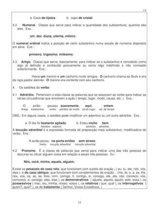 14
14
a. Casa de tijolos. b. copo de cristal.
3.2 Numeral. Classe que serve para indicar a quantidade dos substantivos, quantos são
eles. Exs.:
um, dez, dúzia, oitenta, mileiro.
O numeral ordinal indica a posição de certo substantivo numa escala de números dispostos
em série. Exs.:
primeiro, trigésimo, milésimo.
3.3 Artigo. Classe que serve, basicamente, para indicar se o substantivo é concebido como
algo já definido e conhecido previamente ou como algo indefinido e não nomeado
anteriormente. Exs.:
Havia um menino e um cachorro muito amigos. O cachorro chama-se Buck e era
da raça pastor-alemão. O menino era contente com seu cachorro.
4. Os satélites do verbo:
4.1 Advérbio. Pertencem a esta classe as palavras que se associam ao verbo para indicar as
várias circustâncias que envolvem a ação ( tempo, lugar, modo, causa, etc. ). Exs.:
O avião pousou suavemente, aqui, ontem.
Artigo substantivo verbo advébio de modo ad.de lugar ad. de tempo
OBS.: Em alguns casos, o advébio pode modificar um adjentivo ou um outro advérbio. Exs.:
a. O dia foi bastante agitado. b. Estou muito bem.
Advébio adjetivo advérbio advérbio
A locução adverbial é a expressão formada de preposição mais substantivo, modificadora do
verbo. Exs.:
A avião pouso no porta-aviões sem atraso.
Verbo locução adverbial locução adverbial
4.2 Pronome. É a classe de palavras que serve para indicar uma das três pessoas do
discurso ou situar alguam coisa em relação a essas três pessoas. Ex.:
Nós, você, minha, aquela, alguém.
Existe os pessoais do caso reto, que funcionam com sujeito da oração , ( eu, tu, ele, nós, vós,
eles ), e do caso oblíquo, que funcionam com complementos da oração , (me, te, o, a, se, lhe,
nos, vos, os, as, se, lhes, mim, comigo, ti, contigo, si, consigo, ele, ela, nós, conosco, vós,
convosco, si, consigo, eles, elas ), os demonstrativos ( aquele, aquela, aquilo, este, essa ), os
possessivos ( meu, teu, minha, nosso, vosso ), os relativos ( que, qual ), os interrogativos (
quem?, qual? ), os de tratamento ( Senhor, Vossa Excelência, )
 